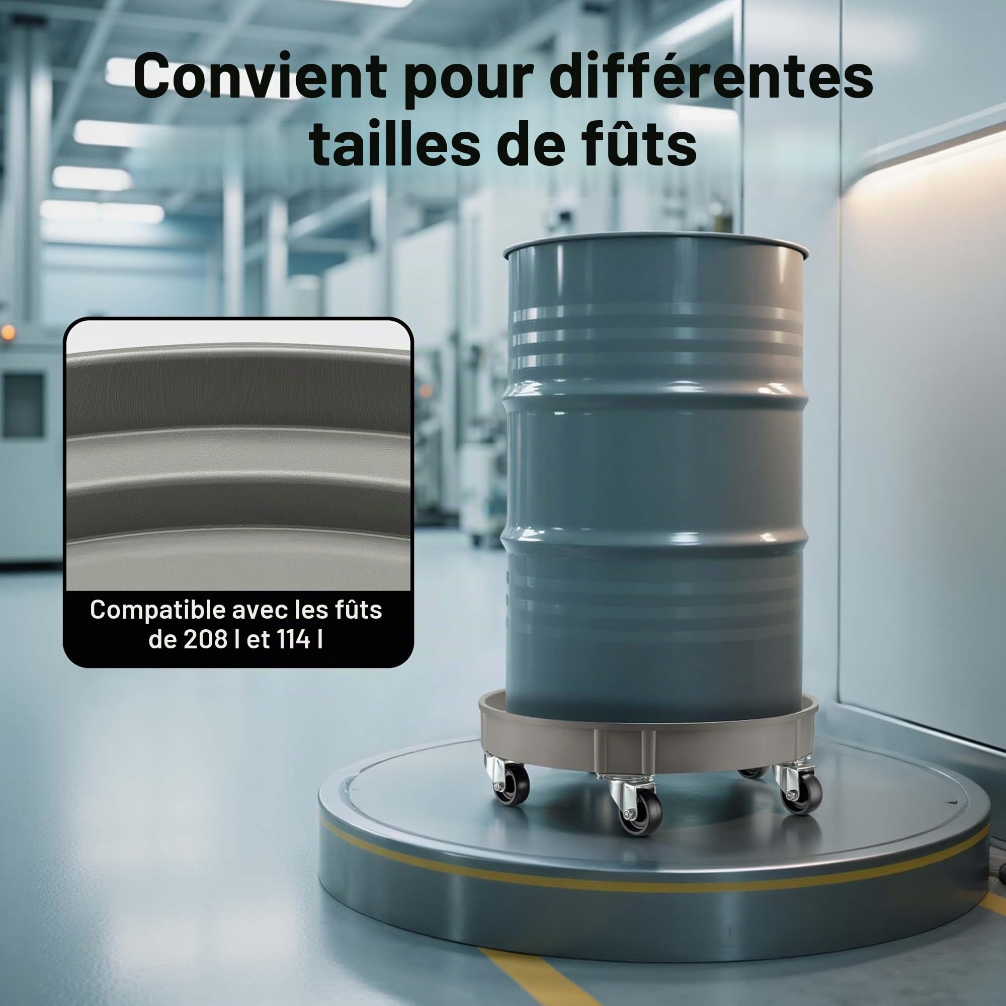 Wiltec Chariot Porte fût – Ø 60 cm – Capacité de Charge Max. 400 kg – en PP – sur roulettes pivotantes – Rouleur Transport de futs Porte-barils