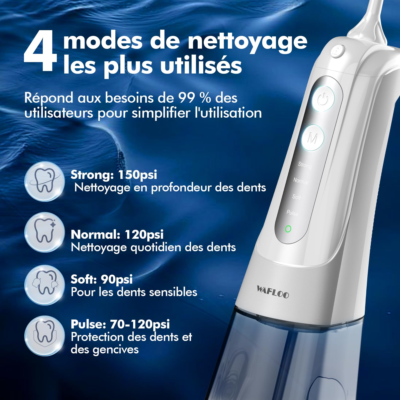 Jet Dentaire Hydropulseur, avec 4 Embouts Jet, Réservoir 300ML, Irrigateur Oral Portable avec 4 Modes, Étanchéité IPX7, Rechargeable, Nettoyage Dentaire pour Adultes à Domicile et en Voyage