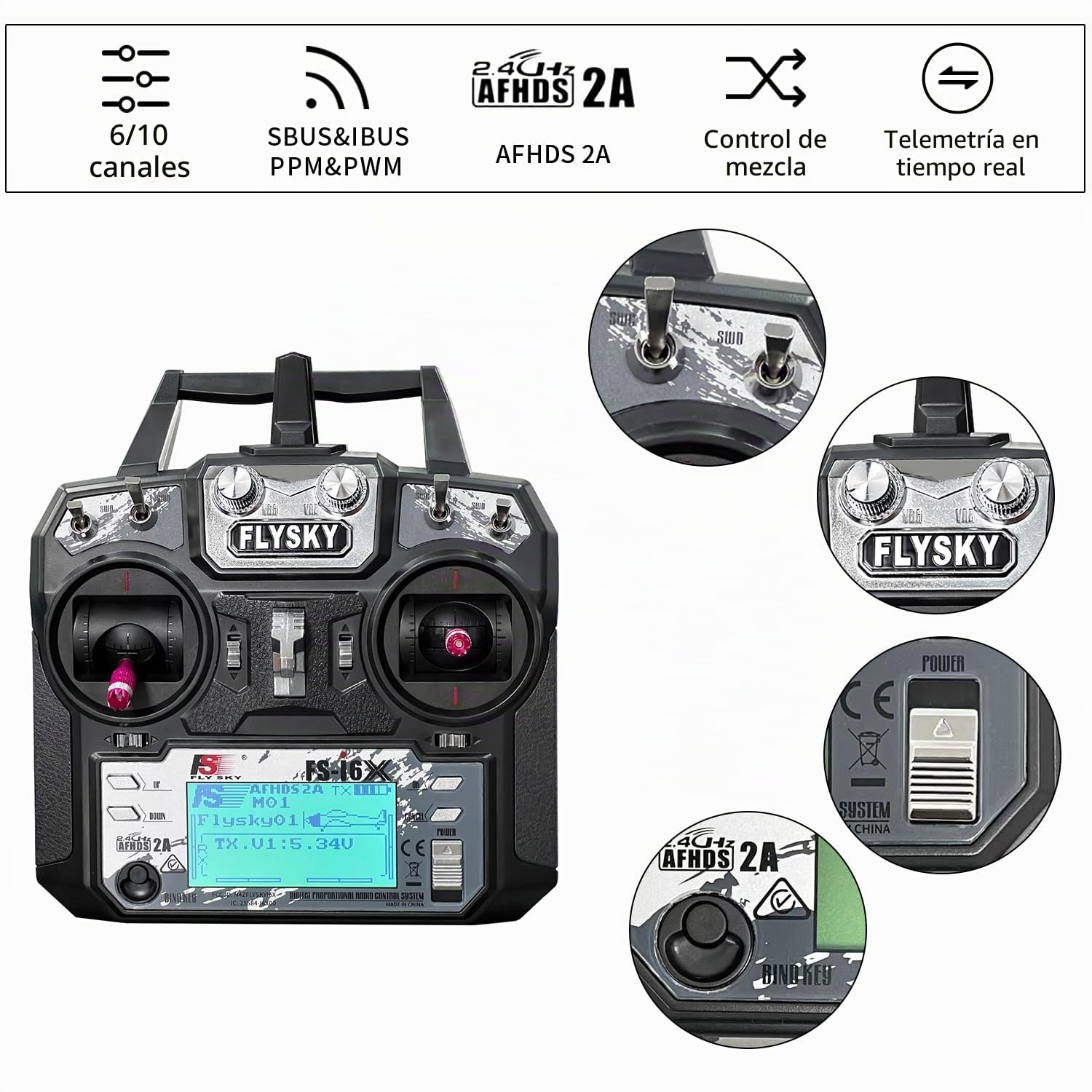 HAWK'S Work FS-i6X 10 Canales Transmisor Set, 2.4GHz RC Controlador con Receptor para Drone Multirotor RC Avión Helicóptero Planeador Barco (FS-i6X+iA6B)