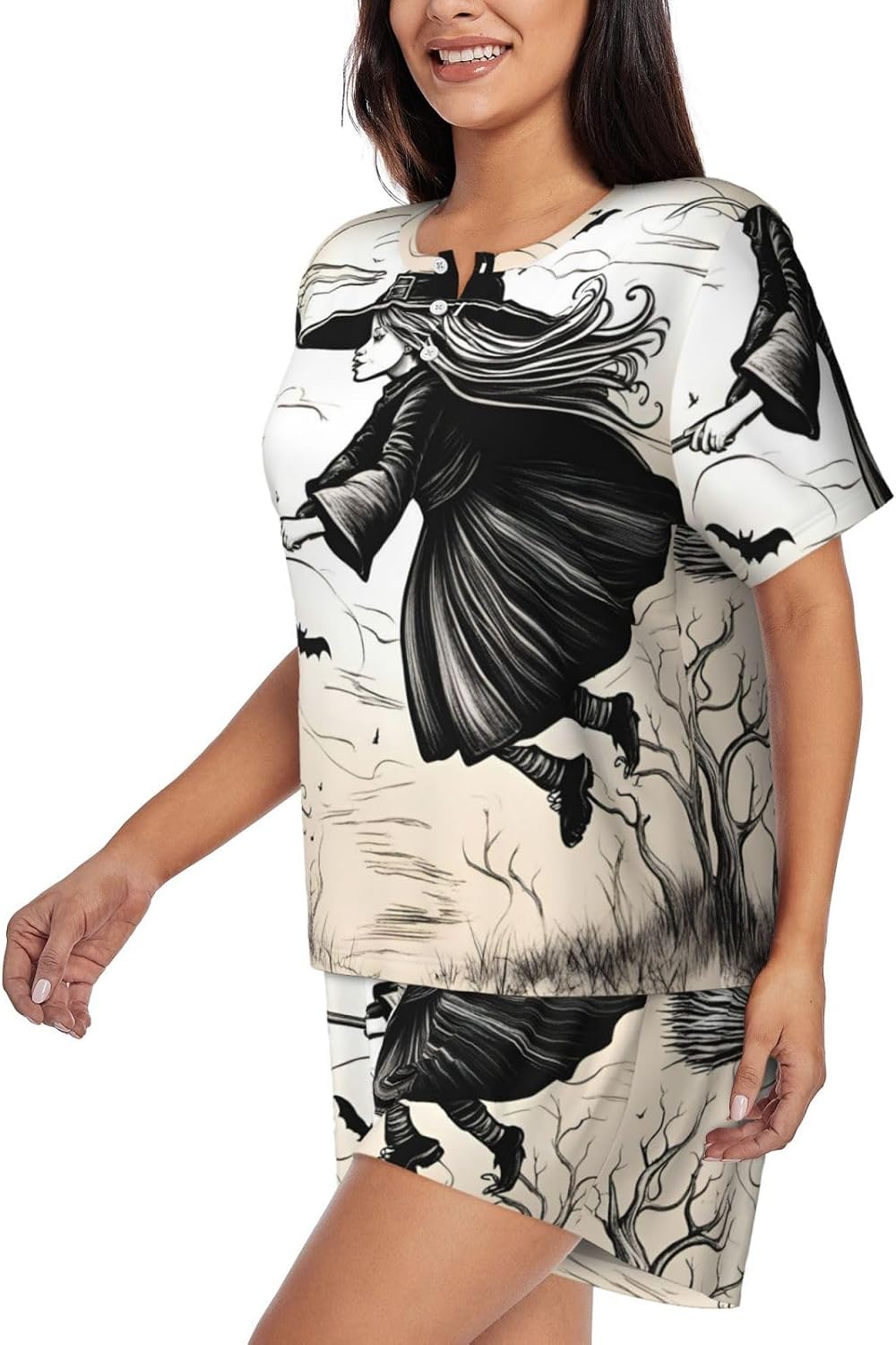 Halloween Witch Flying Print Women'S Short Sleeve Pajama Set,Stylish And Comfortable,For Lounging And Relaxing