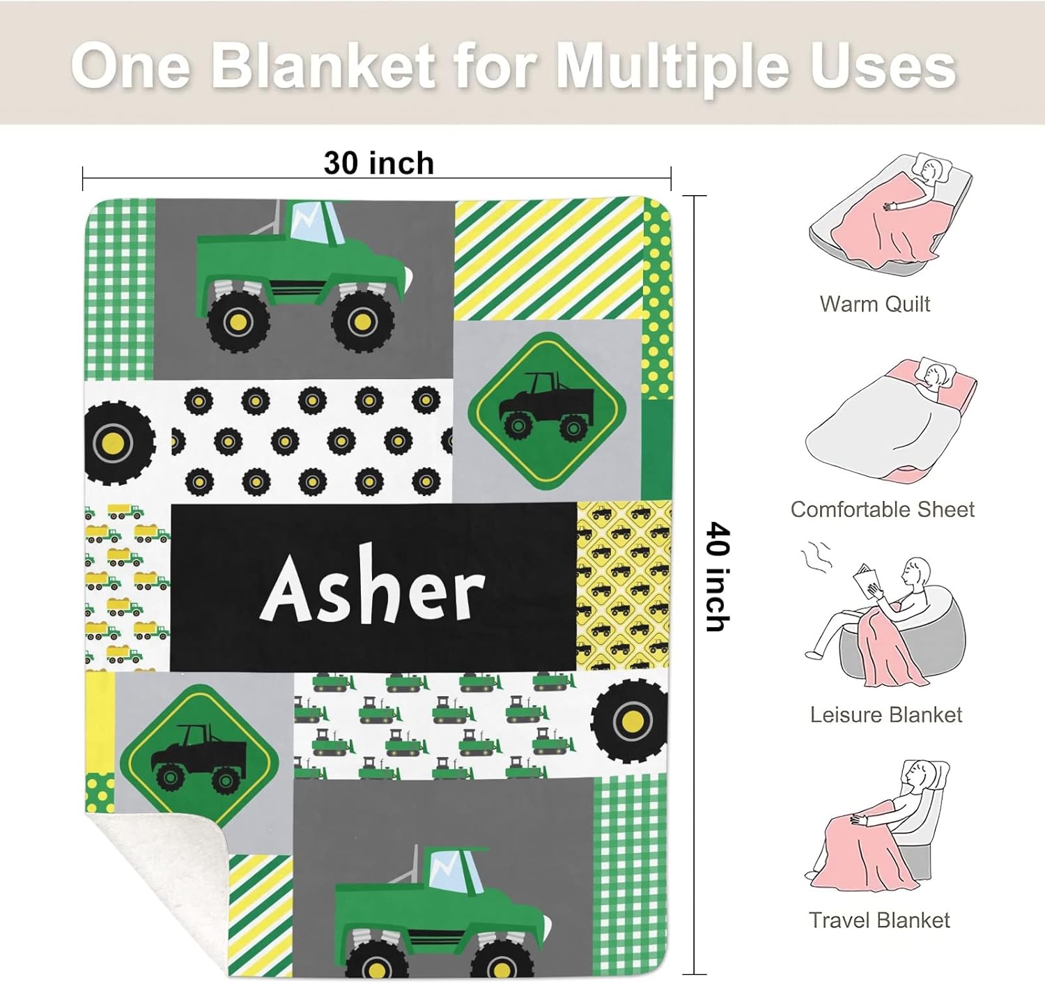 Car Green Yellow Quilt Personalized Receiving Sherpa Fleece Baby Blankets for Girls Boys Kids, Swaddle Blankets Gift for Newborn Crib Infants 30x40 Inches