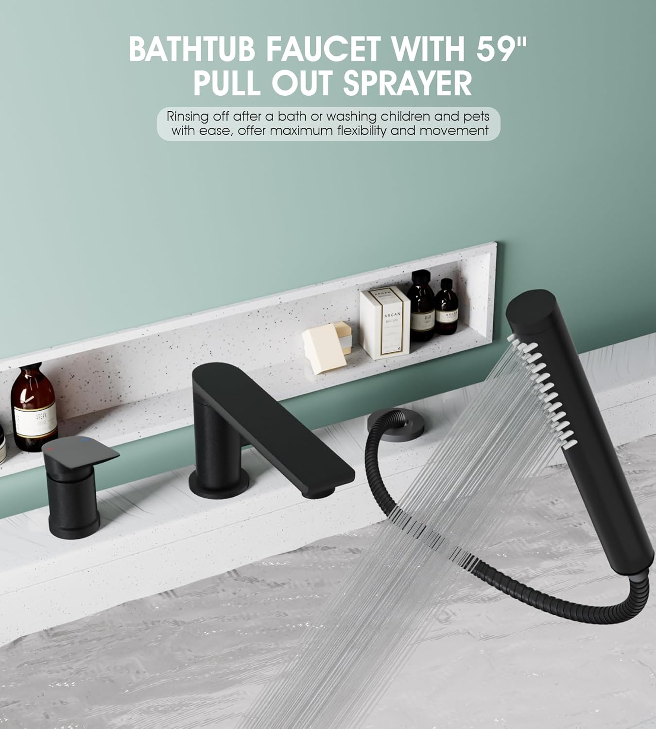 Modern Matte Black Roman Tub Faucet with 360° Rotated Spout, Deck Mount Bathtub Faucet with Hand Shower, Widespread 3 Holes Bath Tub Filler Faucet Rough In Valve Included (Black)
