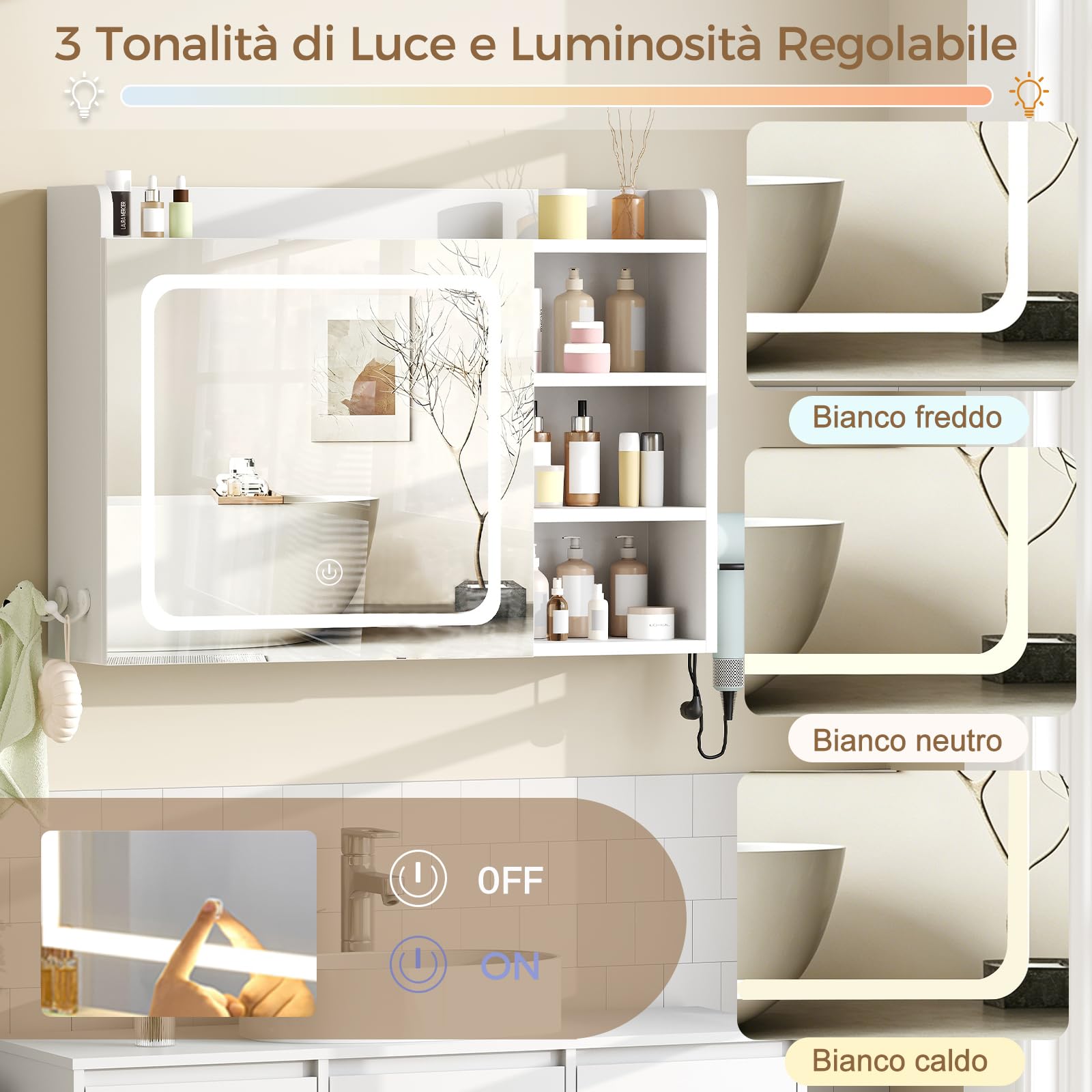 BEWISHOME Specchio Bagno Contenitore con Luci a LED 3 Tonalità Regolabili | Mobile Specchio Bagno Sospeso con Ripiano Regolabile,asciugacapelli e ganci,Bianco,17.5 x 80 x 60 cm EYJG01W