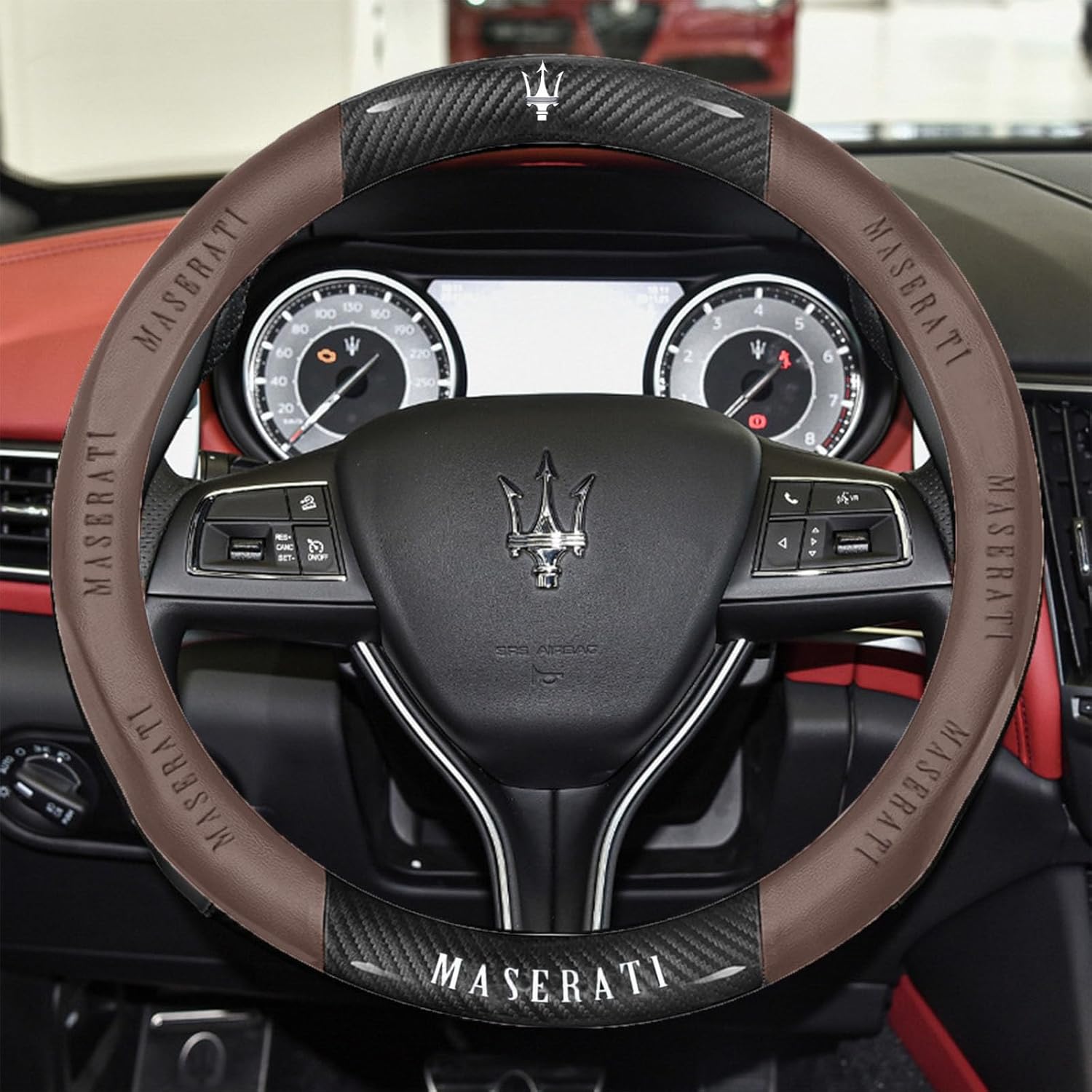 New Fit Maserati Leather Steering Wheel Cover,Stylish Nappa Leather Carbon Fiber Texture Protector,Non-Slip,Universal 15inch Compatible with Maserati Accessories (New Mase-Brown)