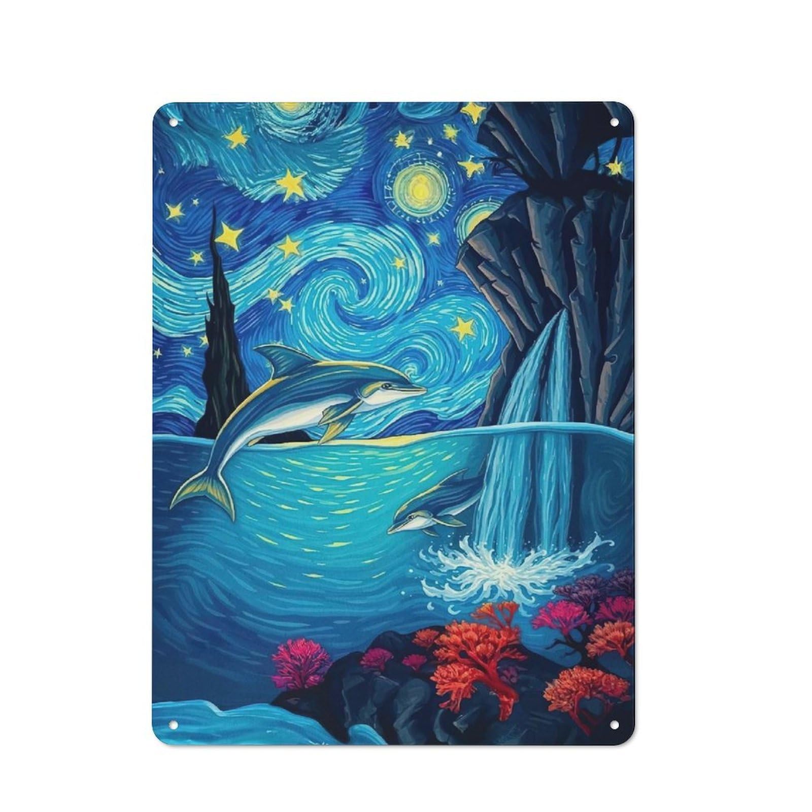Junmoney Dolphins Starry Night Sky Tin Wall Plaque 40X30cm With For Hobby Room Or Studio, For Updating Hobby Room And Studio After Moving
