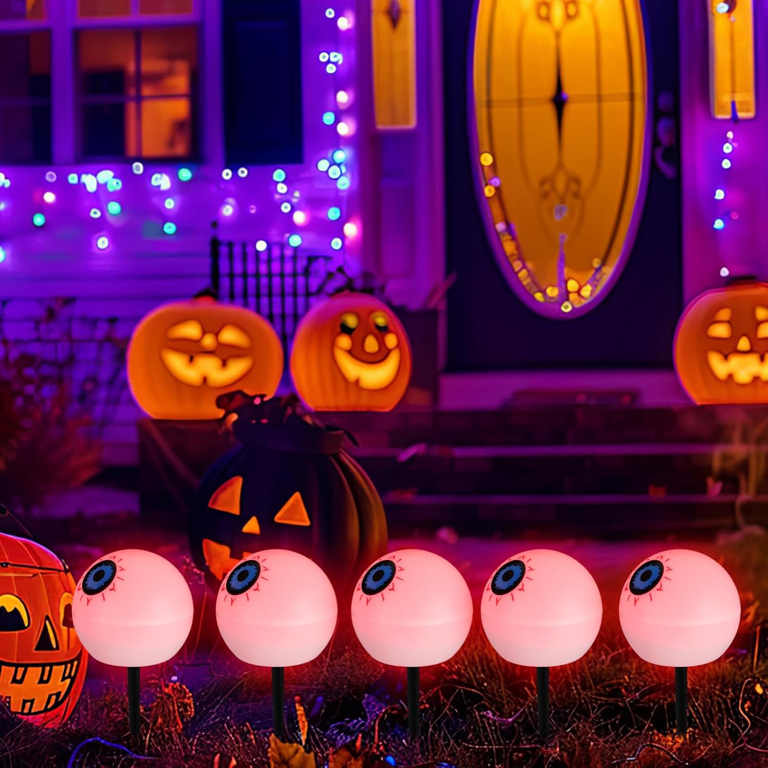 Uonlytech Solar Halloween Eyeball Lights 5-Pack Outdoor Garden Solar Stake Lights for Yard Patio Pathway Decorations Red Green Led