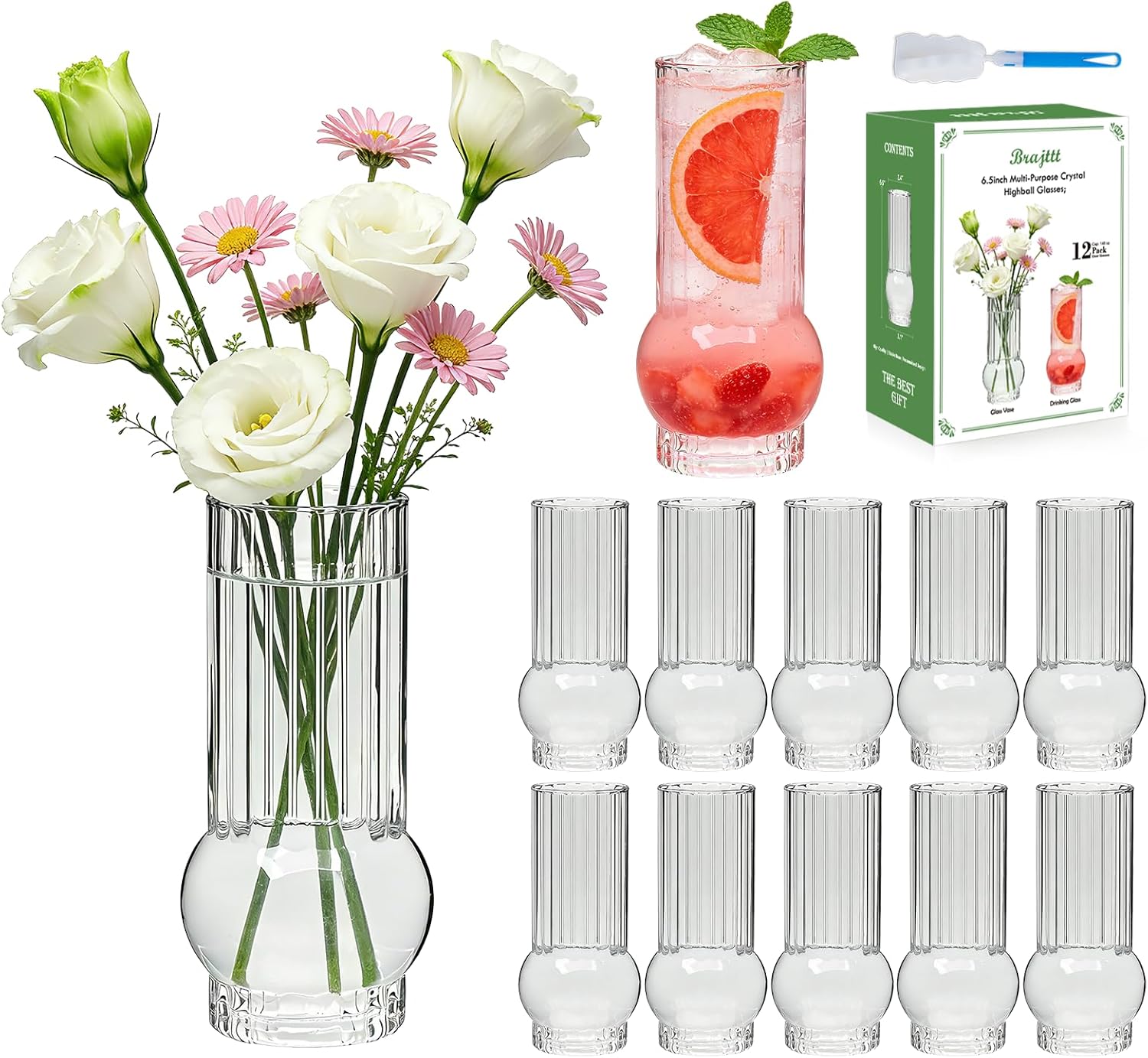 Brajttt Clear Glass Cylinder Vases，6.5 Inch Small Ribbed Flower Vases for Bouquet, Multi-Use Vase for Flowers & Drinking Glasses Set of 12,Tall Glass Vases for Home Decor, Weddings, Parties