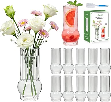 6.5Inch Drinking Glasses for Home Decor,12pcs Fluted Glass Vase Set | Ribbed Cylinder Glass Vases for Wedding Centerpiece, Modern Clear Glass Glass Tumbler Set for Living Room, Dining & Event