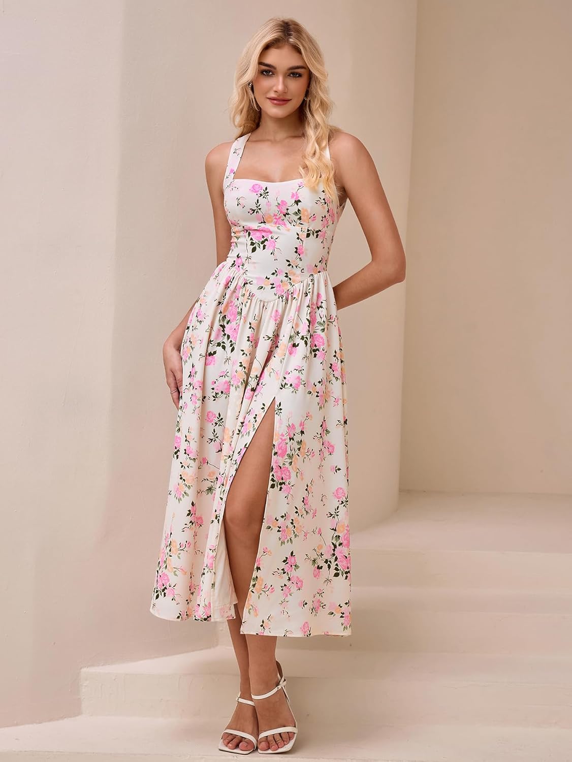 EYNMIN Floral Midi Dress Halter Neck Flowy A Line Split Lace Up Wedding Guest Dresses Casual Sundress for Women 2025 - Image 4