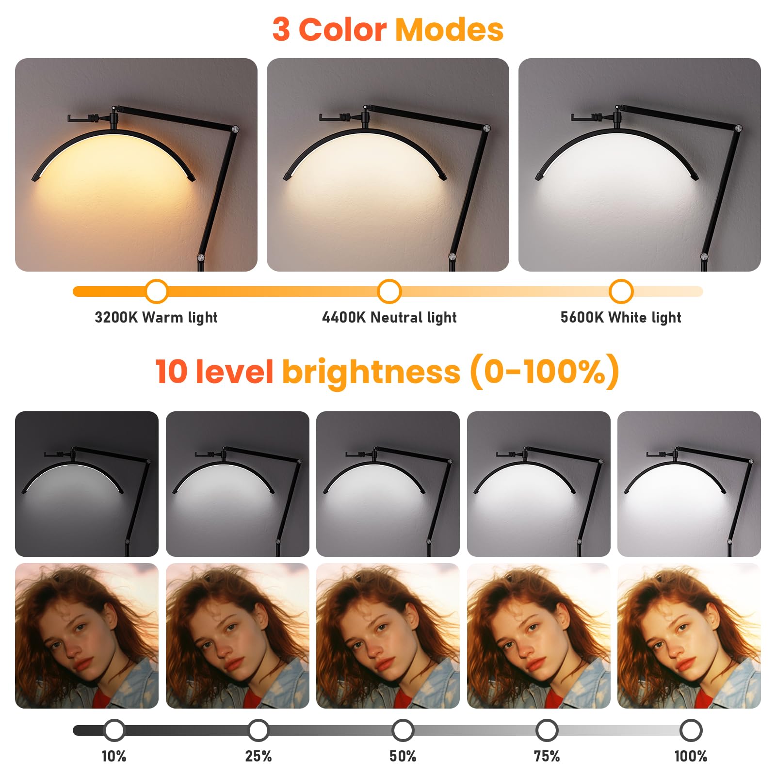 Andoer Luz de relleno en forma de media luna de 36 W, luz de video LED de piso de 23 pulgadas, luz de pestañas ajustable de 3200 K-5600 K, luz de estudio con control remoto de soporte, lámpara de luz