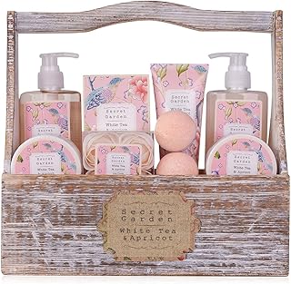 Accentra Geschenkset SECRET GARDEN, 10-teiliges Geschenkset für Frauen mit Duschgel, Schaumbad, Lotion, Peeling, Handcreme, Badesalz, Rosenkonfetti und Badebombe in einer Holzbox, White Tea Apricot