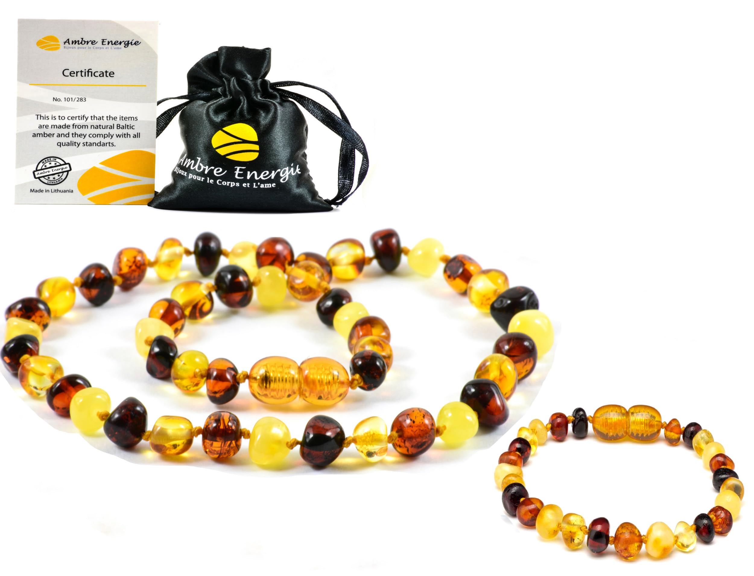 unisex Collier Ambre 33cm.+Bracelet 14cm.- 100% Plus Haute Qualité Certifié l'Ambre la Baltique Authentique Collier Perles de Pl