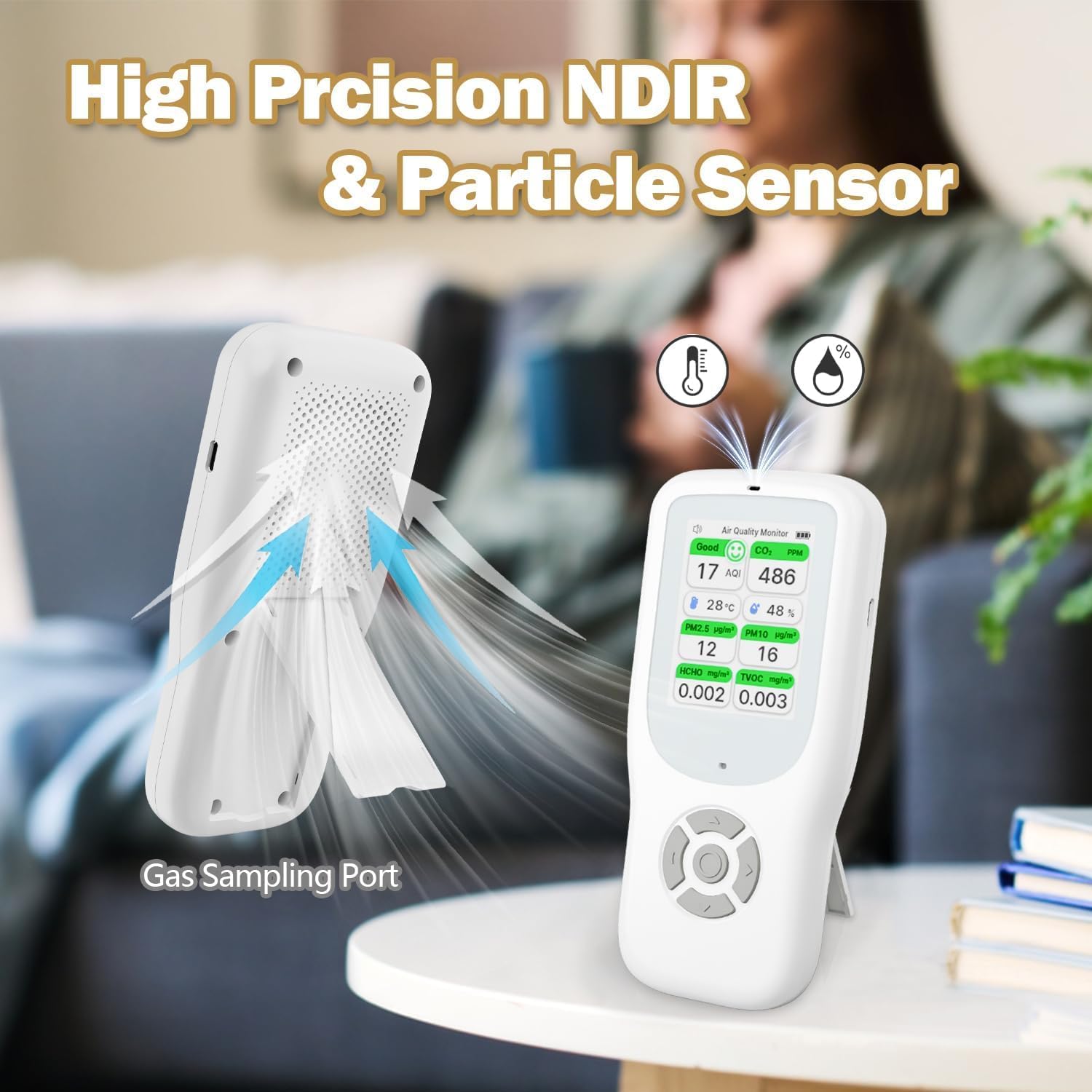 11-in-1 Air Quality Monitor Indoor with Stand, Portable Air Quality Detector for AQI, CO2, PM2.5, PM1.0, PM10, TVOC, HCHO, Particles, Humidity & Temperature, Real-Time Test for Office, Home