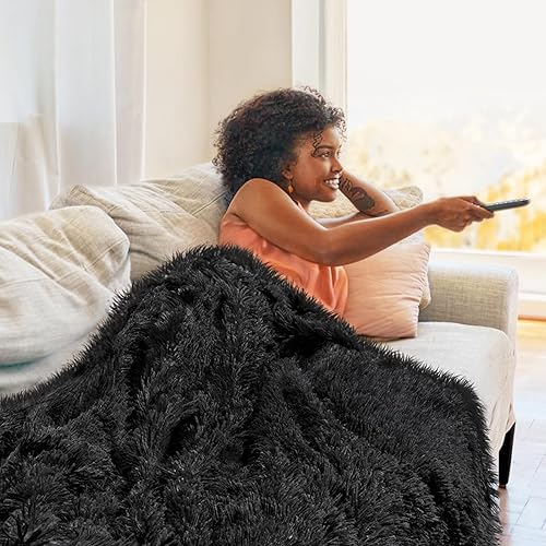 Miniatura 2 de KANKAEU Manta de piel sintética de 50 x 60 pulgadas, manta suave y esponjosa, acogedora manta reversible de felpa mullida para sofá cama, color negro
