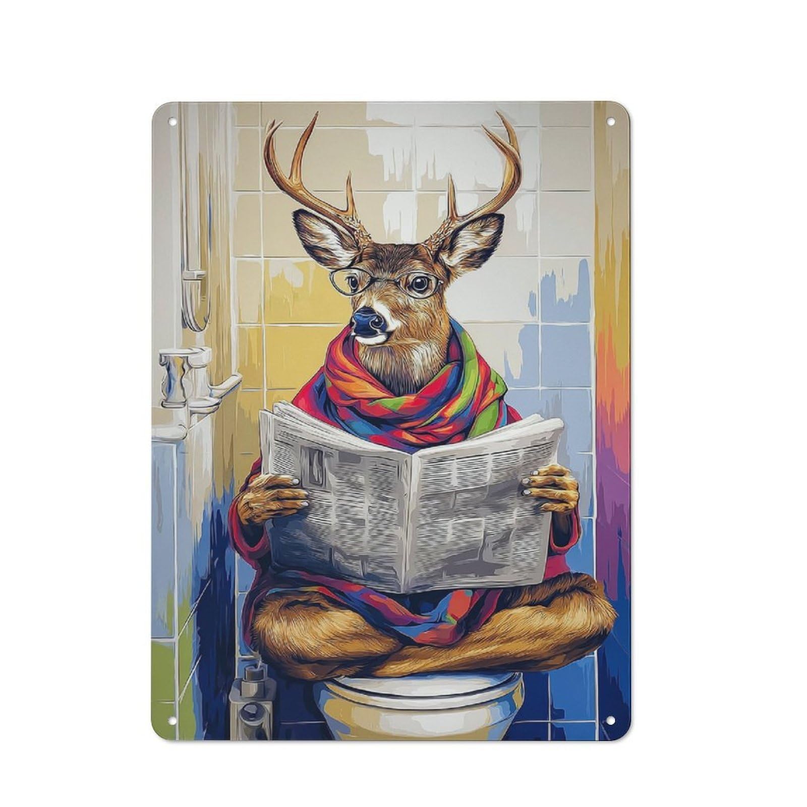 Junmoney Deer Reading Newspaper In Bathroom-4 Rustic Tin Wall Plaque 40X30cm For Kitchen Or Home Bar, A Winter Wall Decor Update For Kitchen Decor Lovers