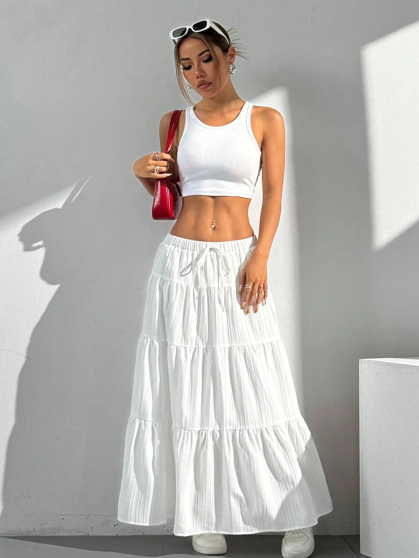 Spódnica damska, długa, z wysoką talią, elegancka spódnica maxi, linia A, elastyczna warstwa, spódnica midi do noszenia w czasie wolnym, jednokolorowa (wielokolorowa, S-XL)