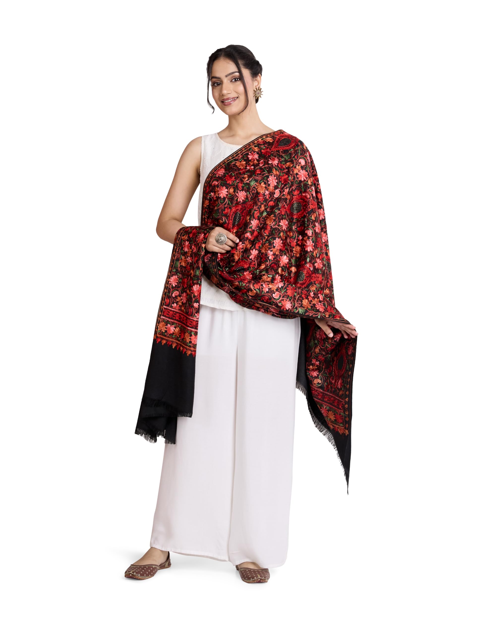 Women Premium Embroidered Shawl | Thread, Zari, Stone Work Pieces | Soft Warm Winter Ethnic Wrap (Size: 102 X 208 CM)-image-16