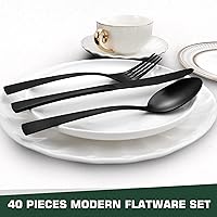 Vista 4 de KassKa Juego de cubiertos negros mate, 60 piezas, cubiertos de acero inoxidable de grado alimenticio para 12, juegos de utensilios de cocina, diseño
