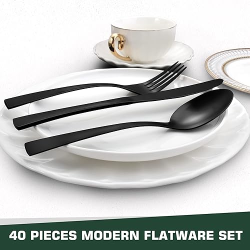 Miniatura 4 de Juego de cubiertos negros mate, 60 piezas, cubiertos de acero inoxidable de grado alimenticio para 12, juegos de utensilios de cocina, diseño de