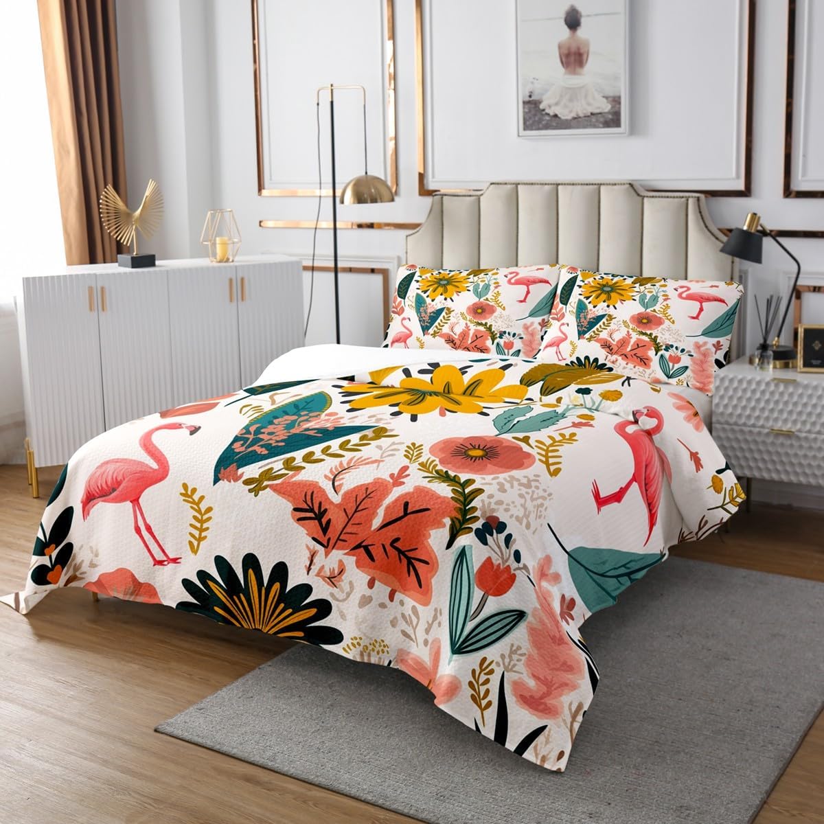 Erosebridal Hippie Floral Twin Bedspread Set Chic Flamingo Quilt Set, Tropical Plant Coverlet Set for Girls Women Botanical Leaves Bedding Set, Watercolor Flower Bed Cover