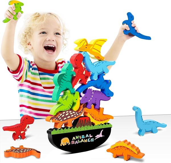 FFTROC Montessori Dinosaur Toys for 2 3 4 Year Old Boys - Wooden Stacking Dinosaur Toys for Kids 2-4 3-5, Toddler Balanc