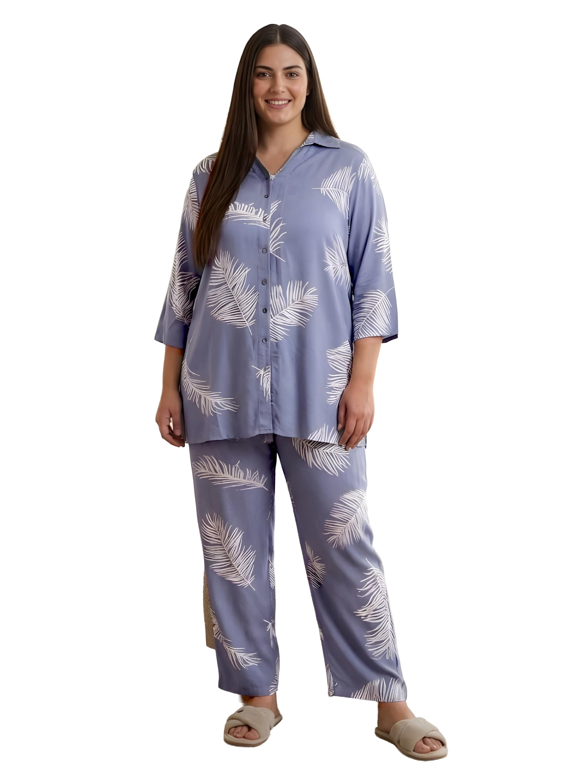 indietoga Women Plus Size Leaf Print Rayon Shirt and Pyjamas Set-picture-18