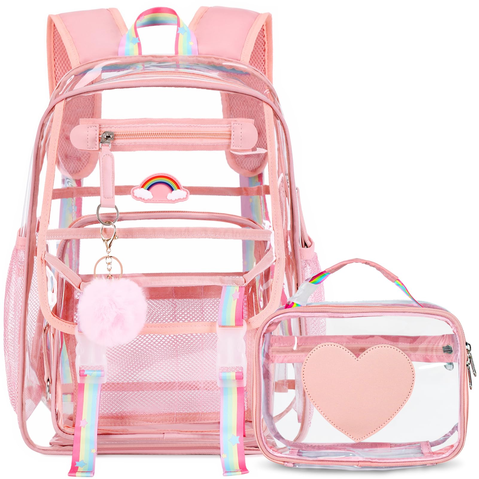 FIXITOK Girls Clear Backpack with Lunch Bag, Rainbow Cute Clear Bookbag Heavy Duty Stadium Approved Transparent See Through Backpack for Kids