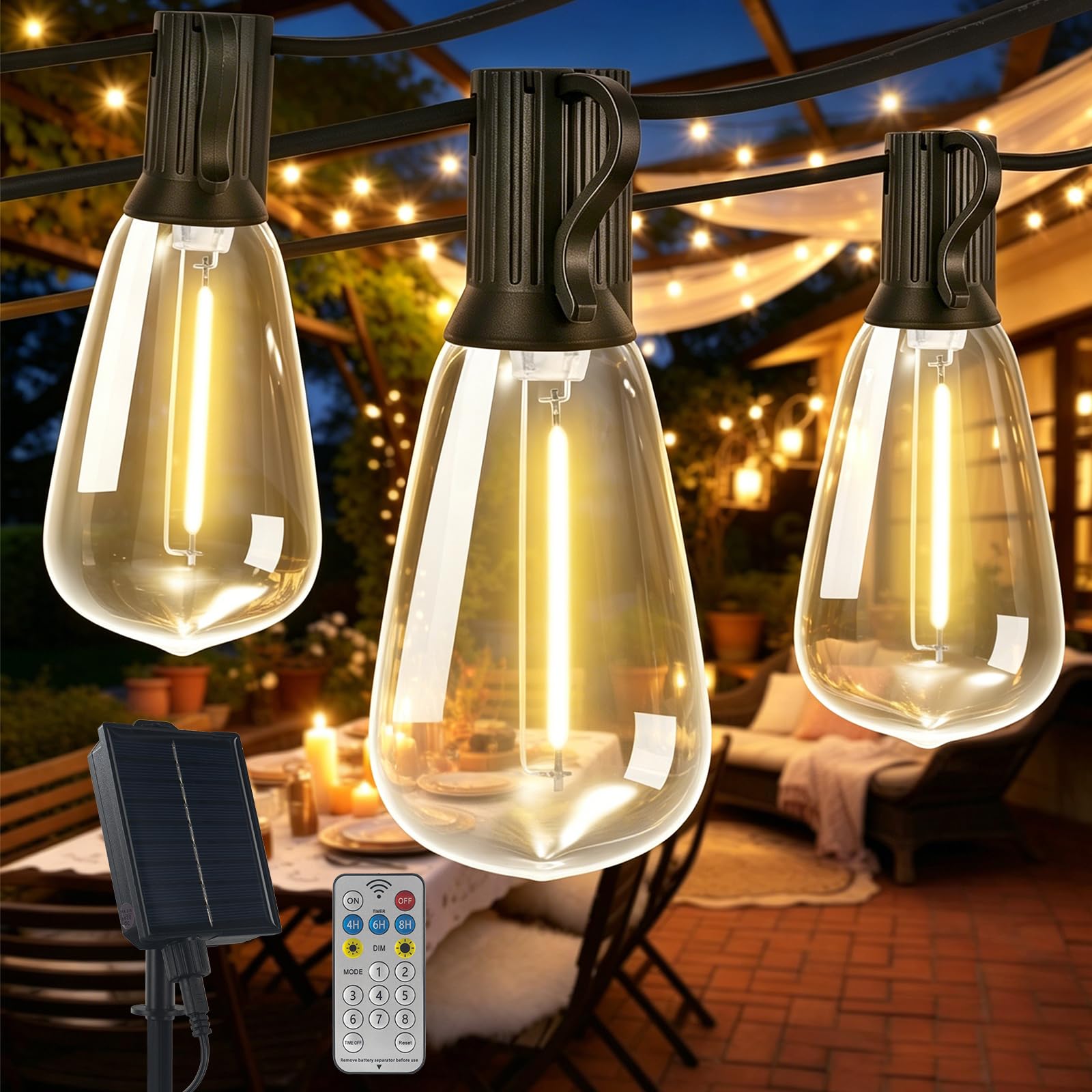 Dge Warm White Solar Festoon Lights Outdoor 29.2M/96Ft Solar String Lights Waterproof, With 8 Modes & 15 * 2 St38 Shatterproof Bulbs, Ip65 Waterproof Patio Lights For Outside, Gazebo, Backyard, Balcony, Party