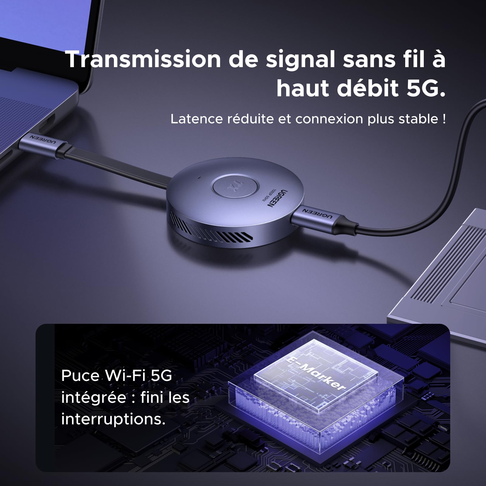 UGREEN Émetteur et Récepteur HDMI sans Fil USB C TX HDMI RX Magnétique 1080P 60Hz 50M Plug Play 5G Transmetteur PD 30W Compatible avec iPhone 17 Pro Max Air 16 Macbook Air Pro iPad Moniteur TV PC