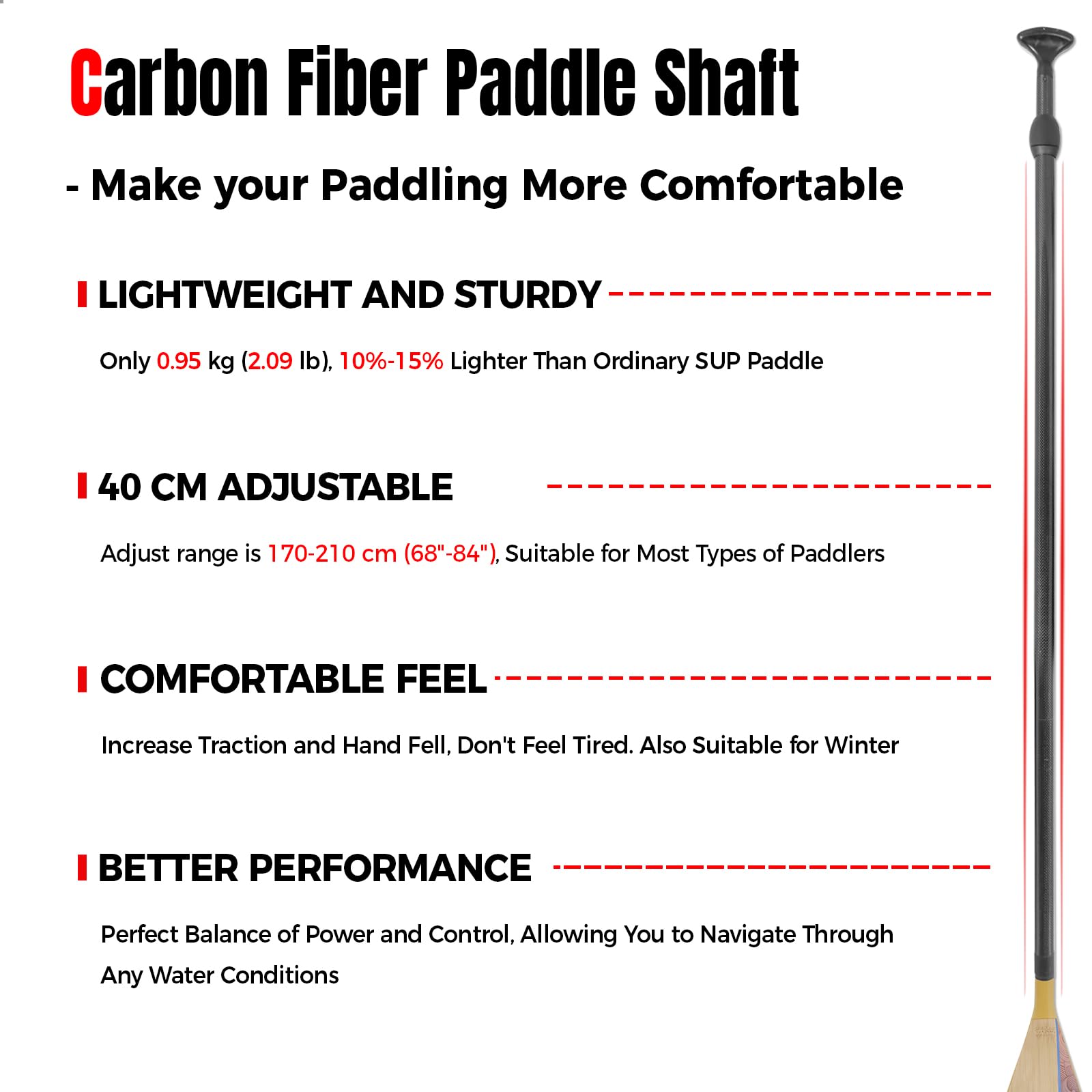 SUP Paddleboard Paddel mit Kohlefaser-Schaft und PP-Klinge, schwimmendes, verstellbares Stand Up Paddle Board Paddel, 170-210 cm