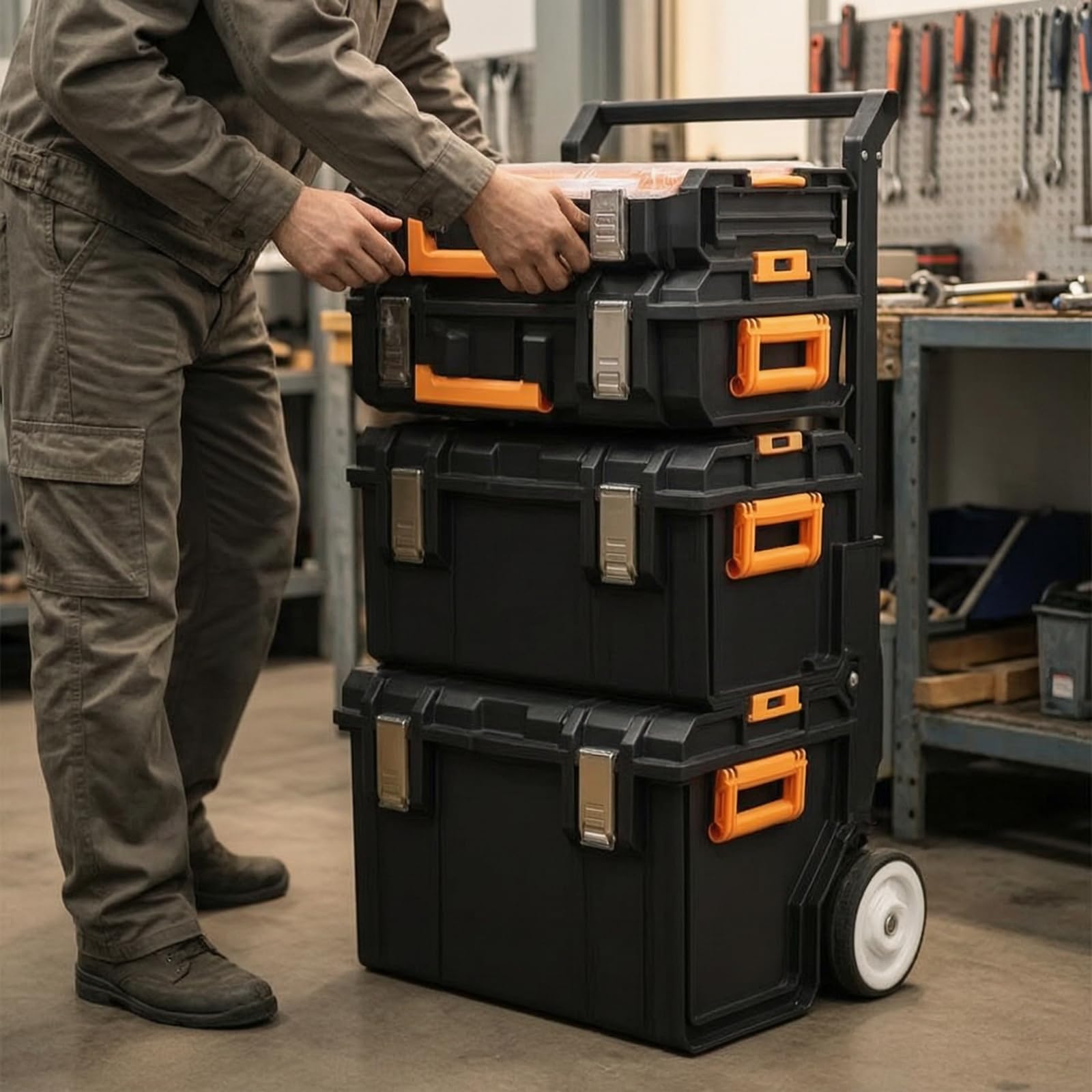 4 Pezzi Cassetta Attrezzi con Ruote Mobile Organizzatore di Attrezzi Impilabile Robusto Contenitore per Idraulici, Garage