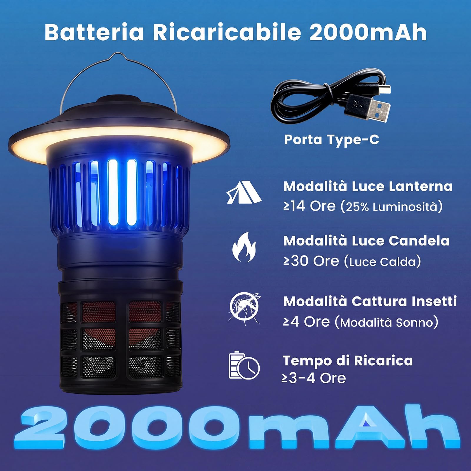 RELAX4LIFE Lampada Antizanzare Elettrica, Luce Regolabile | Zanzariera Ricaricabile e Impermeabile IPX4, Trappola Silenziosa Ammazza Zanzare e Mosche, Portatile per Interno e Esterno