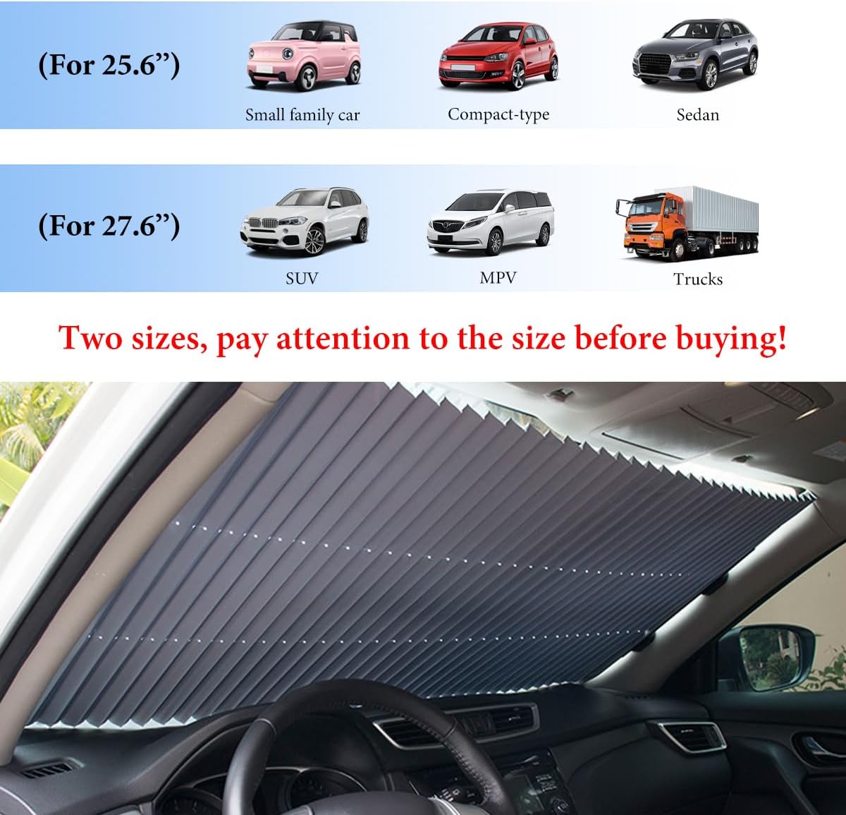 Retractable Windshield Sun Shade, Foldable Sun Shade for Sun, Heat and UV Rays Protection Keep Your Vehicle Cool, Front Window Sun Visor Protector with Suction Cups (Large 60"×27.6")