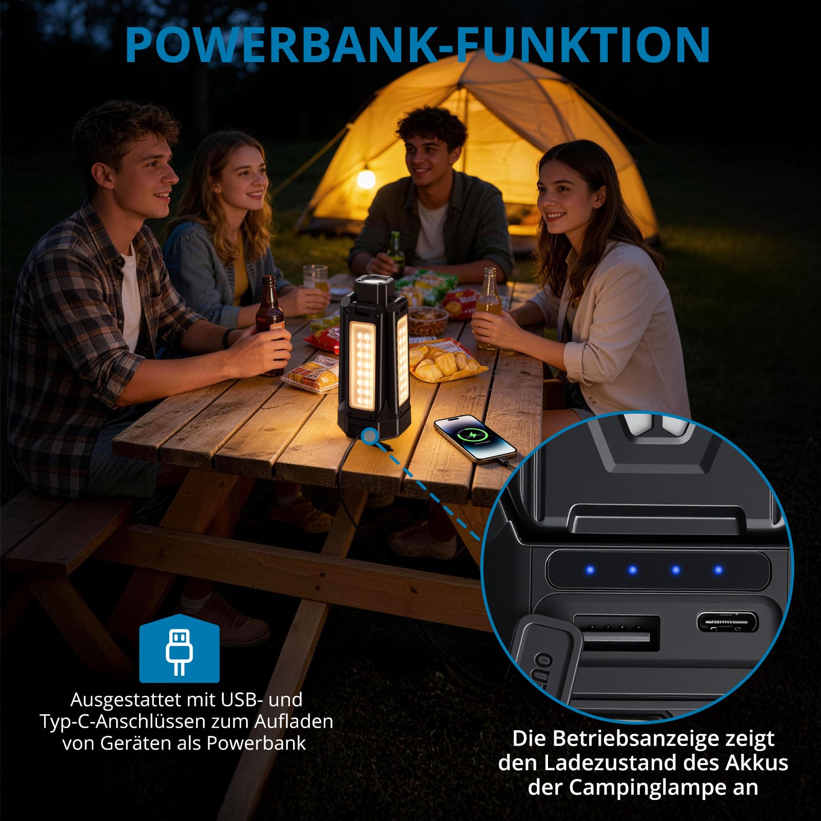 AUTOUTLET LED Campinglampe 16000mAh, 1,77M Baustrahler mit Stativ, 4000LM 4 Verstellbare Panels Campinglampe, 5 Lichtmodi, Dimmbar,Magnet & Haken,IP66 Wasserdicht Arbeitsleuchte für Werkstatt Outdoor