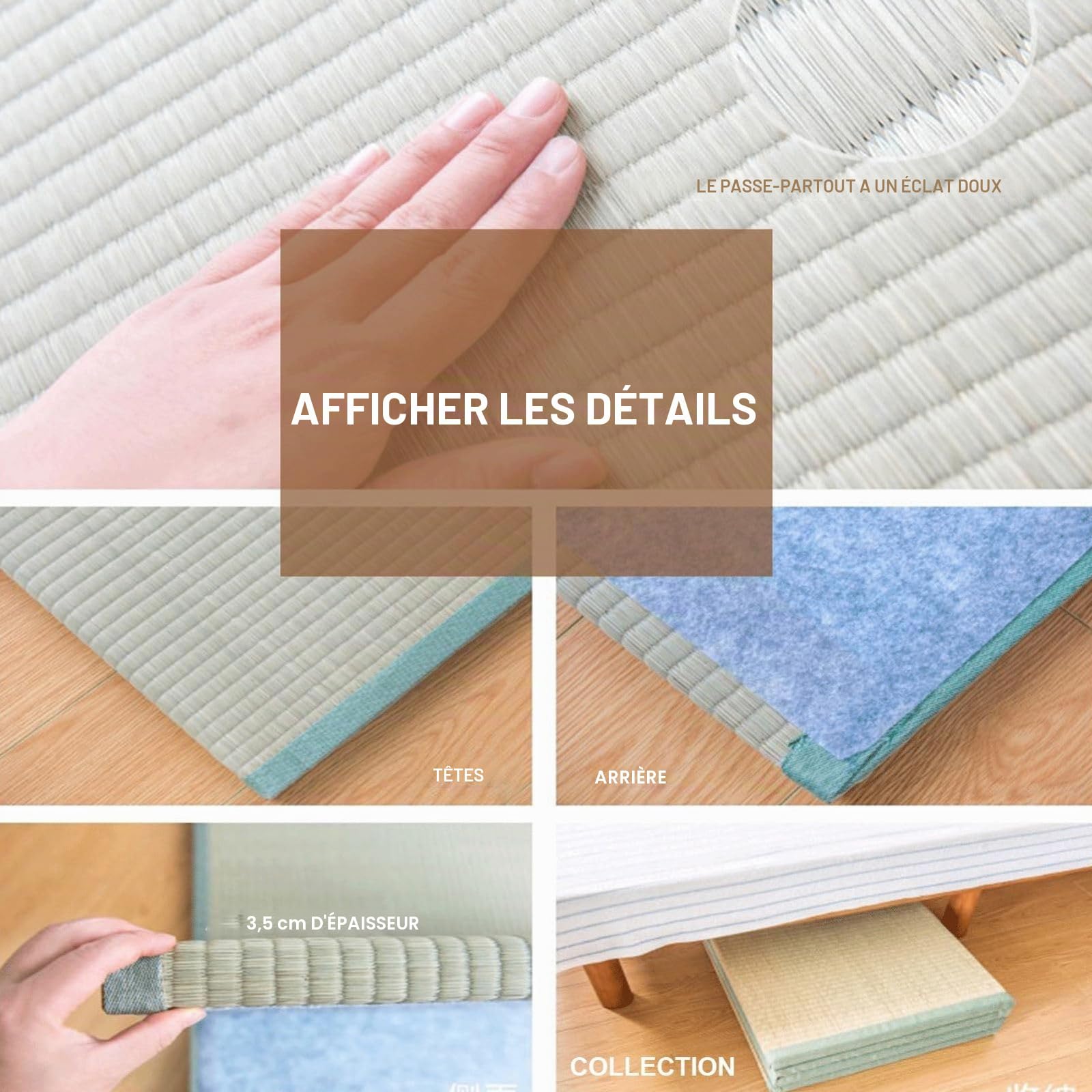 Tatami Matelas Japonais Pliable Naturel Jonc Herbe (Non Teint),Pliant Rotin Tatami Tapis,Antidérapant et Imperméable,4 Plis Méditation Yoga Zen (Size:90×200×3.5cm)