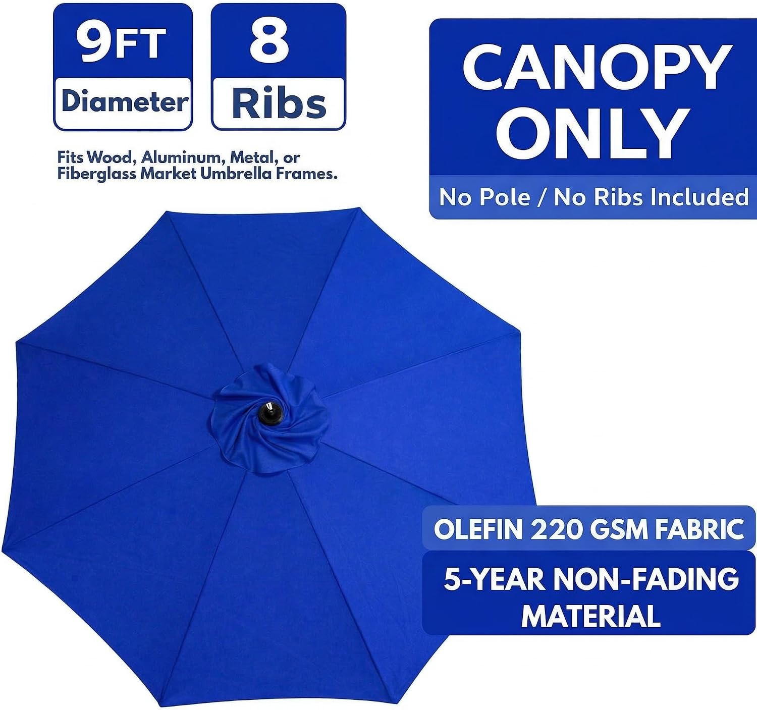 9ft Patio Umbrella Replacement Canopy 8 Ribs, UV & Fade Resistance OLEFIN Fabric Outdoor Umbrella Canopy, Umbrella Top ONLY (Royal Blue)