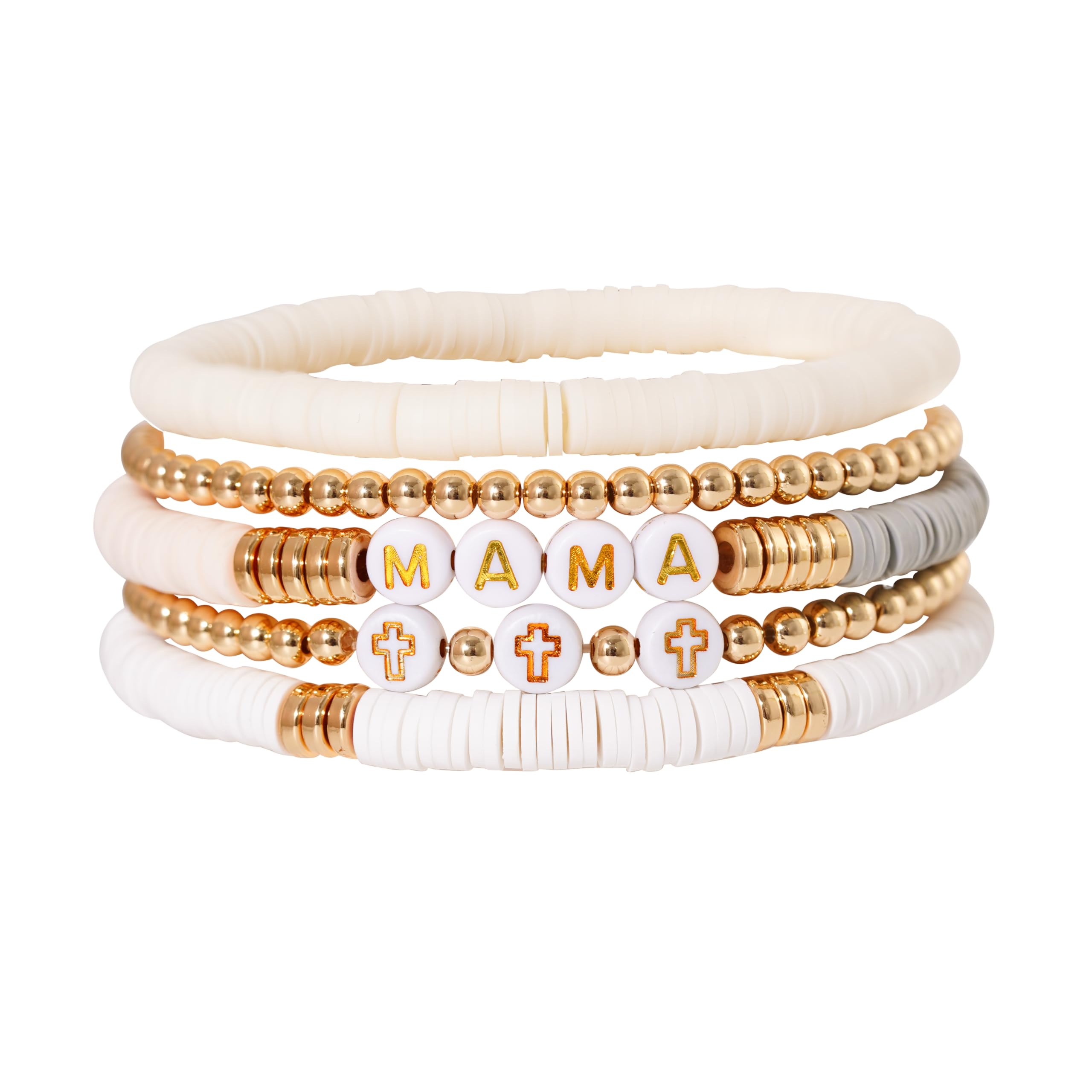 GOOJIDS Surfer Heishi Clay Bead Bracelets for Women Bohemian Stackable Gold Beaded Stretch Bracelets Elastic Layering Friendship Bracelets Set Boho Jewelry