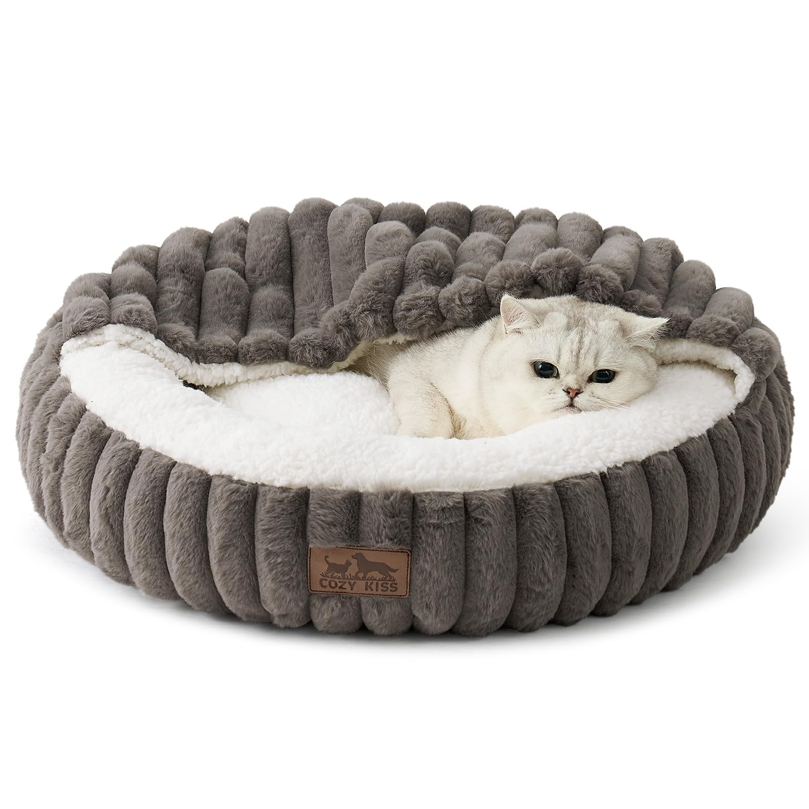 COZY KISS Katzenbett mit Decke 58x58x15cm - Flauschige Katzenhöhle - Kissen, Runde kleine Hundebett mit Rutschfester Unterseite, Katzensofa mit Kopfstütze aus Kunstfell, Waschbares, Grau