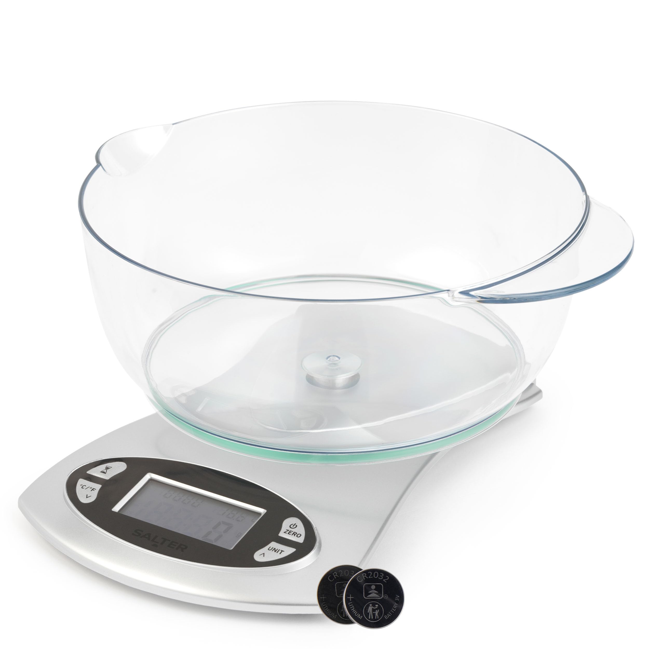 Salter1069 SVDR Digital Kitchen Scale – with Dishwasher Safe Detachable 1.8L Bowl, 4-in-1 Food Scales, Clock, Timer, Room Temp, Measures Liquids, Tare/Zero, Baking/Cooking, 5KG Capacity, Easy Read