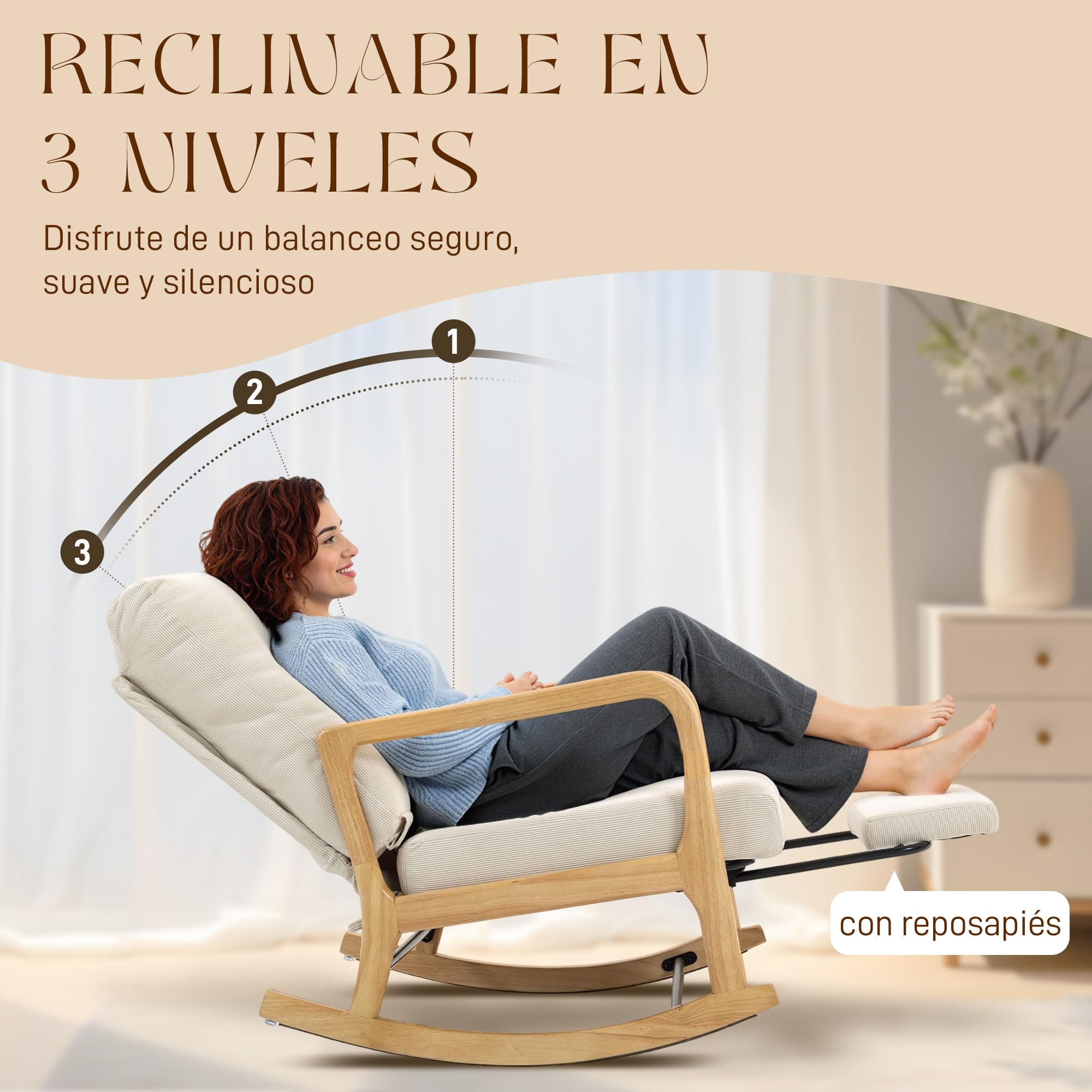 HOMCOM Sedia a dondolo con poggiapiedi, schienale regolabile, sedia a dondolo nordica in velluto a coste, gambe in legno, braccioli, cuscino lombare, sedia per allattamento, carico 120 kg, per camera