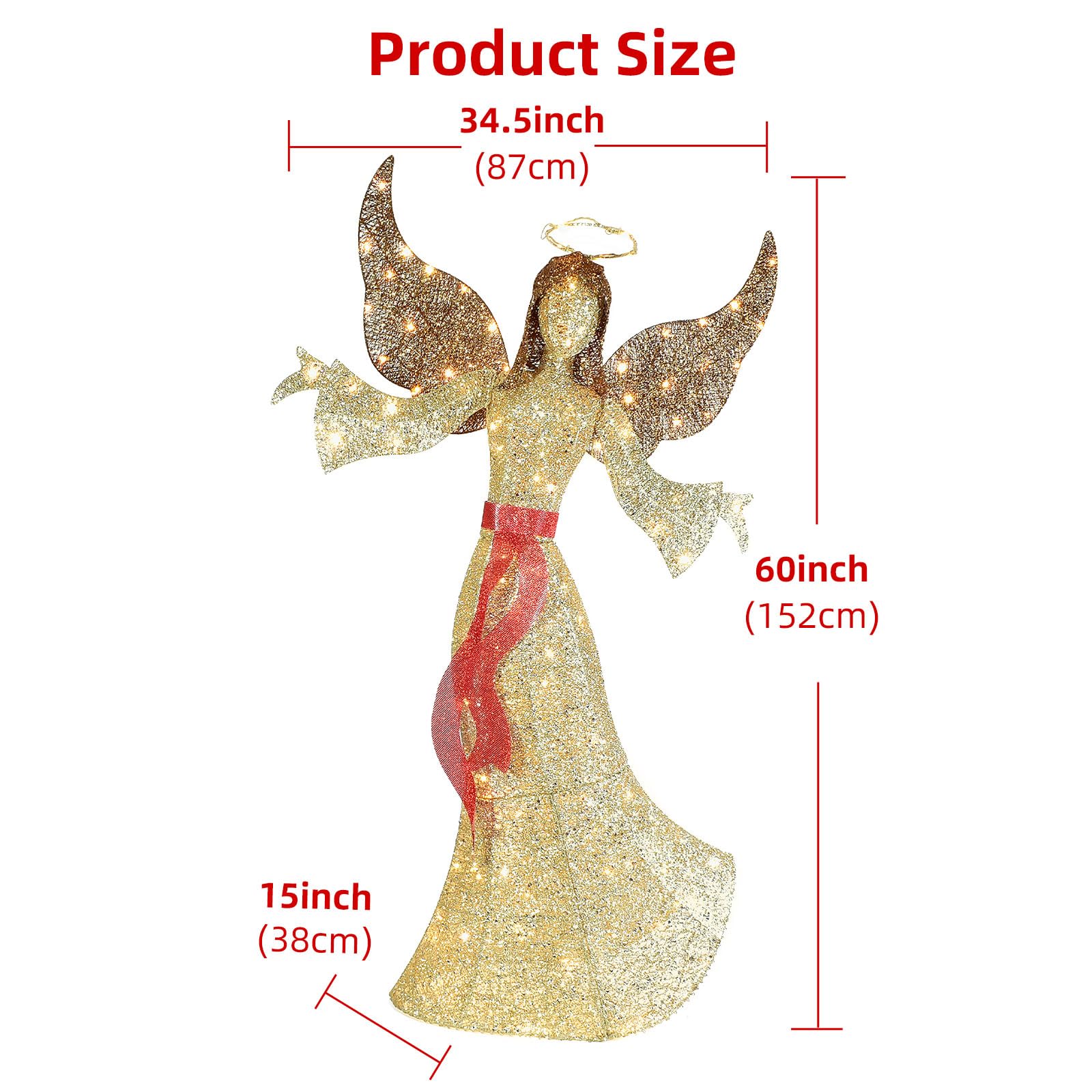1,52 m Langer Weihnachtsengel für draußen – leuchtender Weihnachtsengel mit 120 LED-Lichtern für draußen – Elegante geflügelte Weihnachtsfigur für den Rasen - Gold