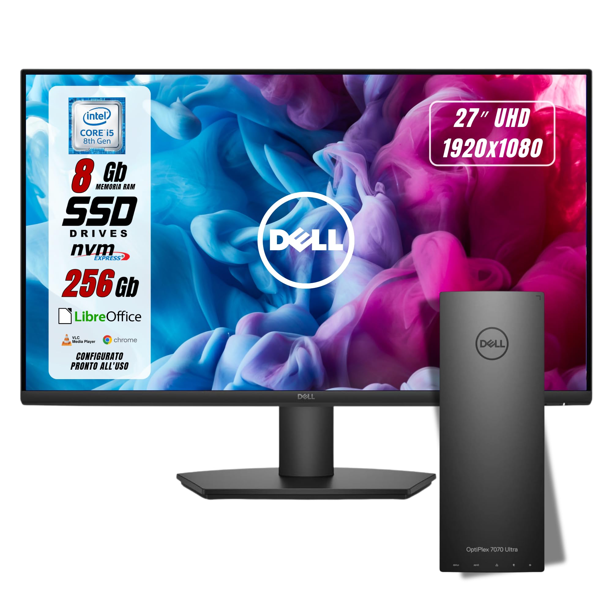 Postazione Completa, Pc Desktop Dell OptiPlex Ultra UFF Intel i5-8265U 4 Core, Ram 8Gb SSD 256Gb, Monitor 27" FHD, Win 11 e Libre Office, Compreso di Mouse e Tastiera (Ricondizionato)