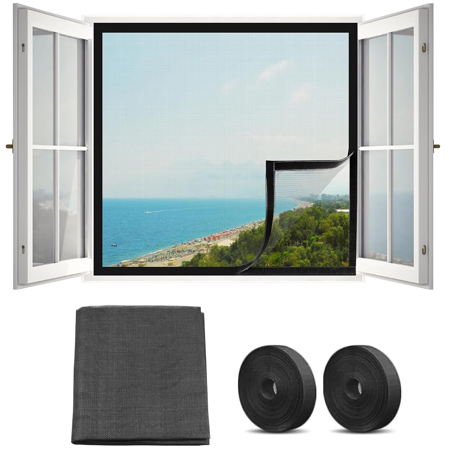 Cxhjcq Black Velcro Gray Mesh 75X110cm Mosquito Net For Window, Diy Self-Adhesive Window Screen Mesh Universal Transparent Mosquito Insect Screen Can Be Cut And Fit Without Drilling