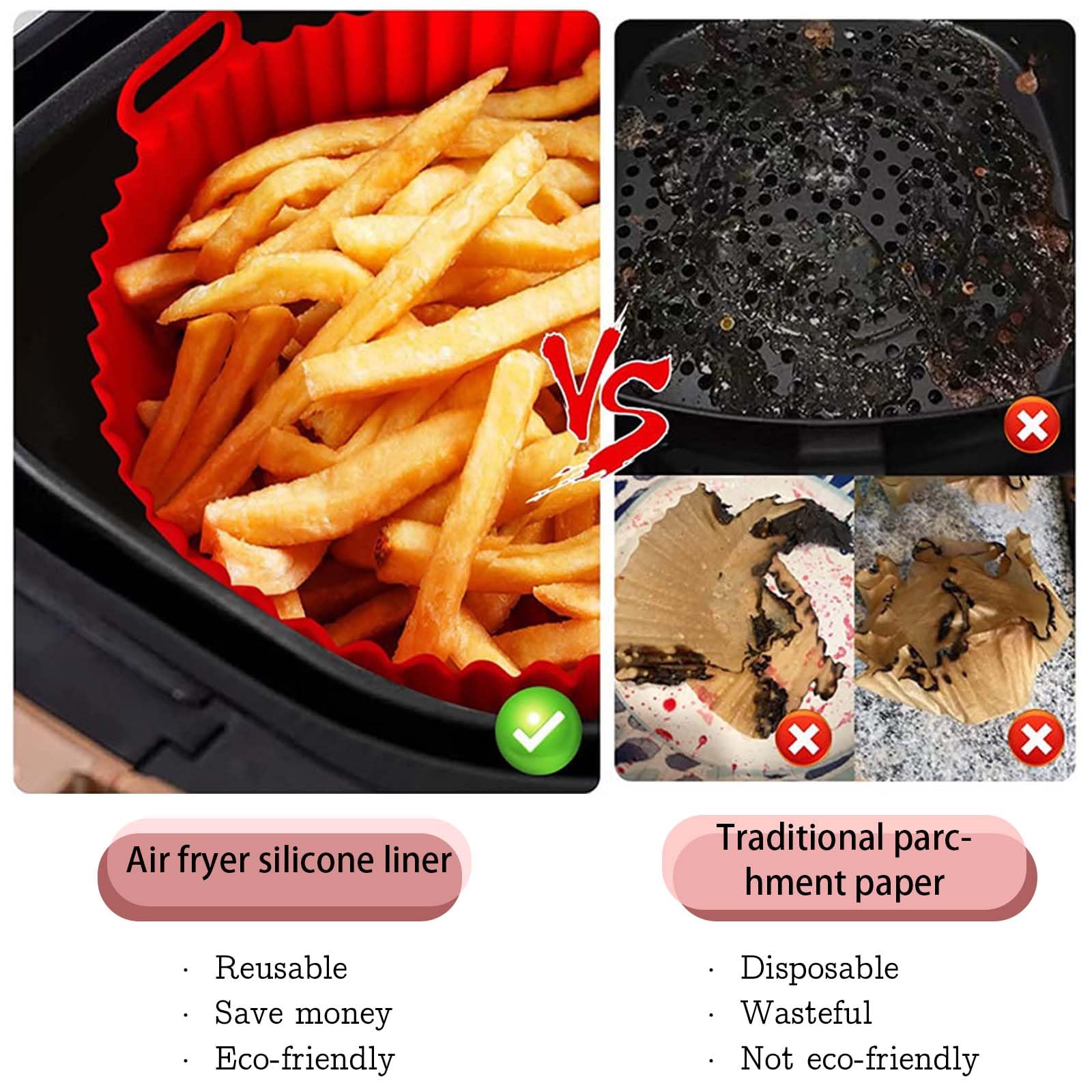 XoeLLe 2 stuks siliconen vorm voor heteluchtfriteuse, Airfryer Liners, siliconen potliners, bakpapier, rond, mand, herbruikbaar, siliconen inzetstuk voor heteluchtfriteuse, accessoires voor magnetron