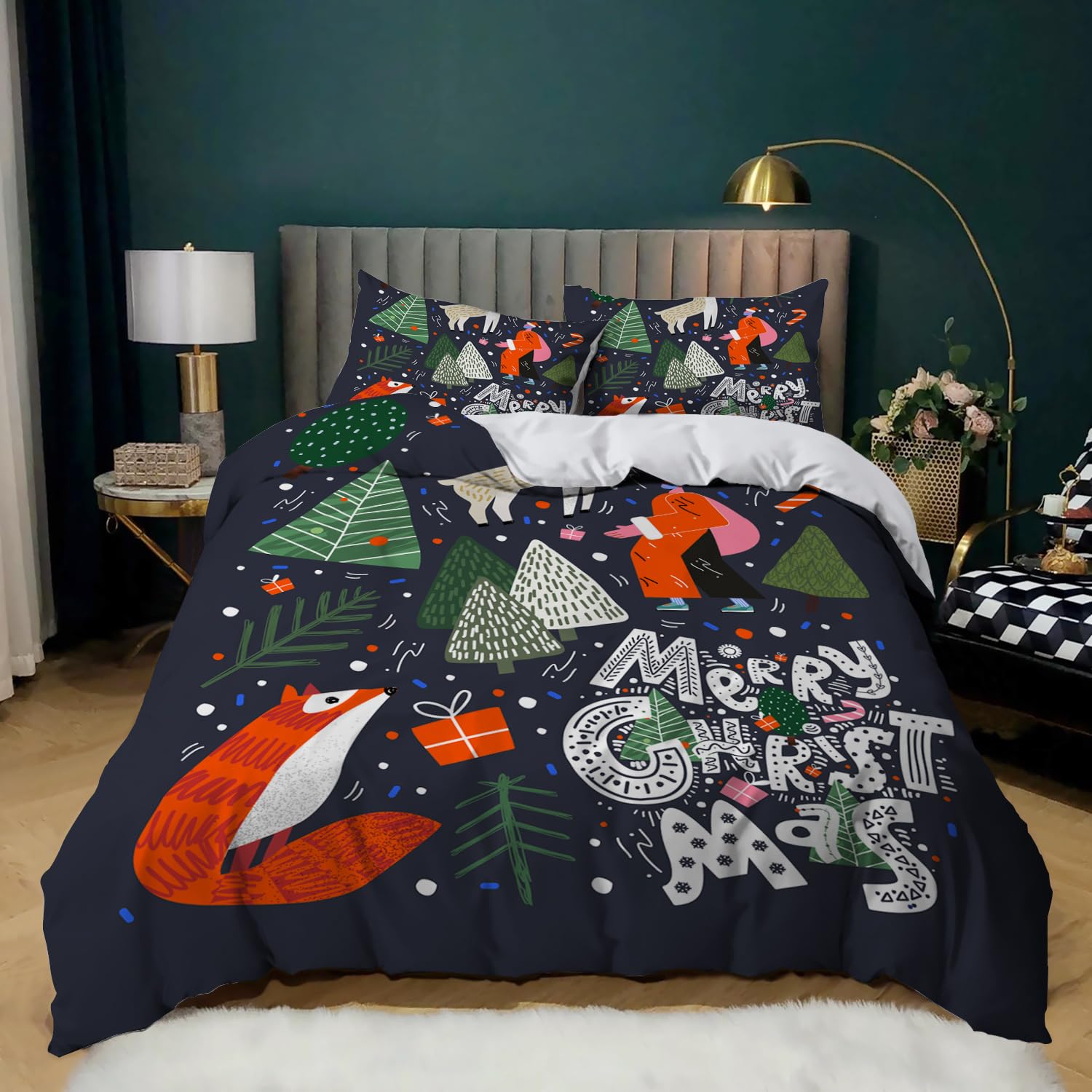 Wesoły Świąteczny Zestaw Pościeli 240 x 220 cm Uroczy Reniferowy nadrukowany Pokrowiec na Kołdrę Zielony Zestaw Pościeli Z Choinką dla Chłopców I Dziewcząt Poszewka na Kołdrę Z Wzorem Li