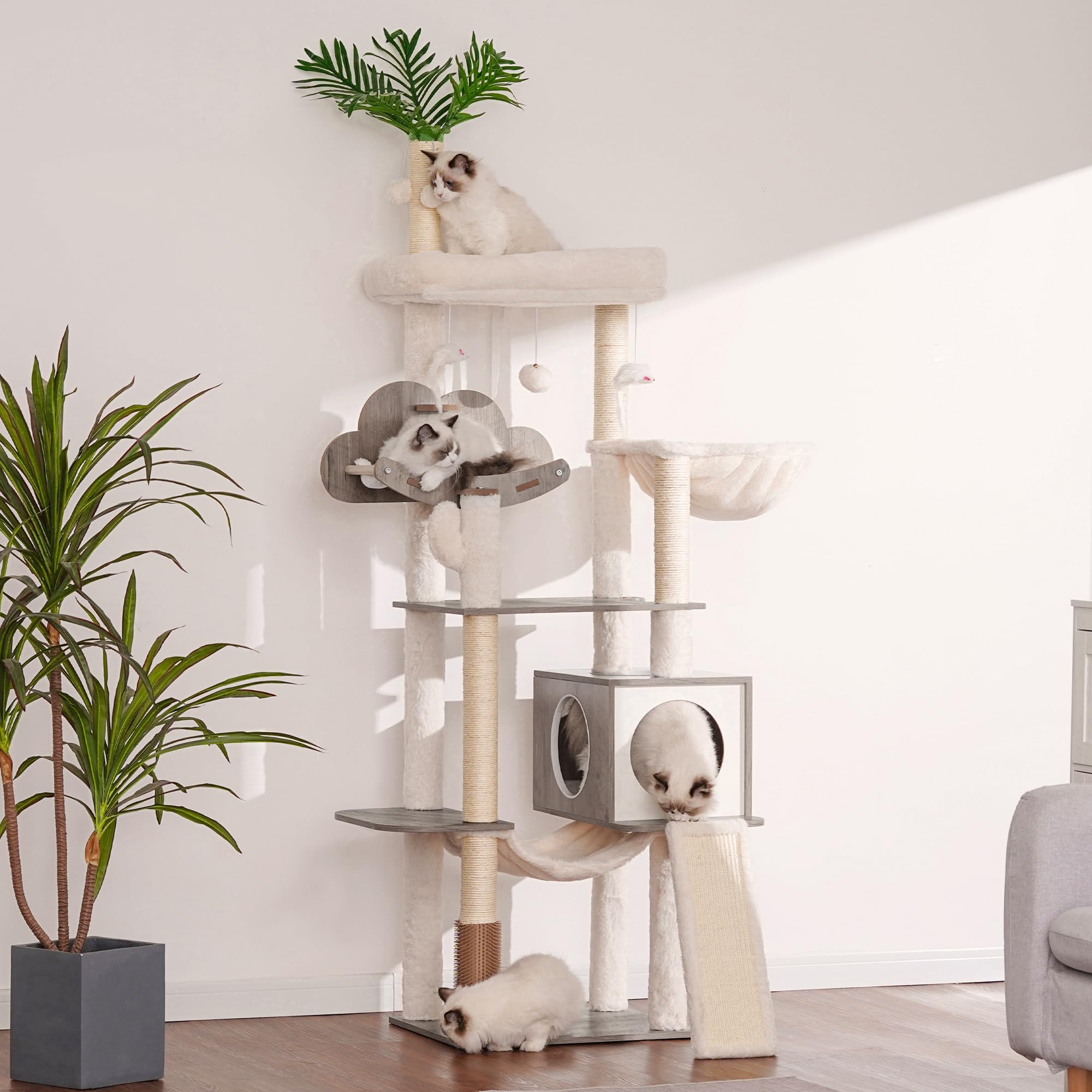Heybly Albero per Gatti, Alto 156 cm Tiragraffi per Gatti Moderno, con 5 Pali Graffiatoi, 2 Posatoi, 1 Grotta, 1 Cesto, 1 Amaca, 3 Pompon, in Peluche a Più Livelli, Greige HCT120SG