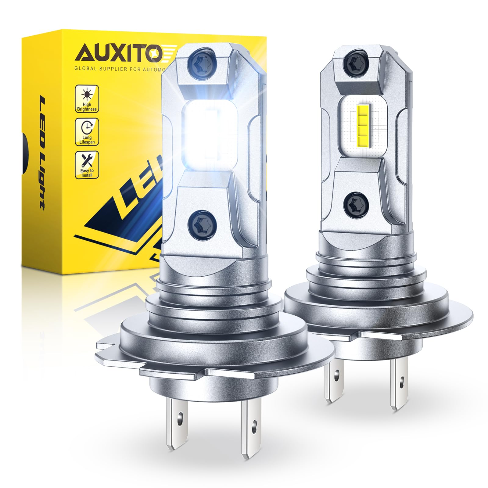 AUXITO H7 LED Bulb, 500% Brighter Ultra-Bright 6500K White, 1:1 Mini Size No Adapter Required, Plug N Play, Long Lifespan, No Flicker, 99% Compatibility, 2PCS