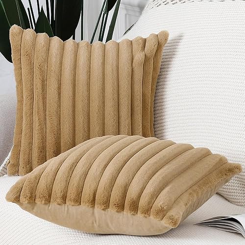 Miniatura 9 de MADIZZ Juego de 2 fundas de cojín decorativas de felpa de lana sintética de 18 x 18 pulgadas, color verde claro, esponjosas, a rayas, suaves,