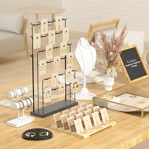 Miniatura 4 de Lolalet Soporte de exhibición de joyas para venta, 30 ganchos para aretes con base de madera, soporte de exhibición de collares de 6 niveles,