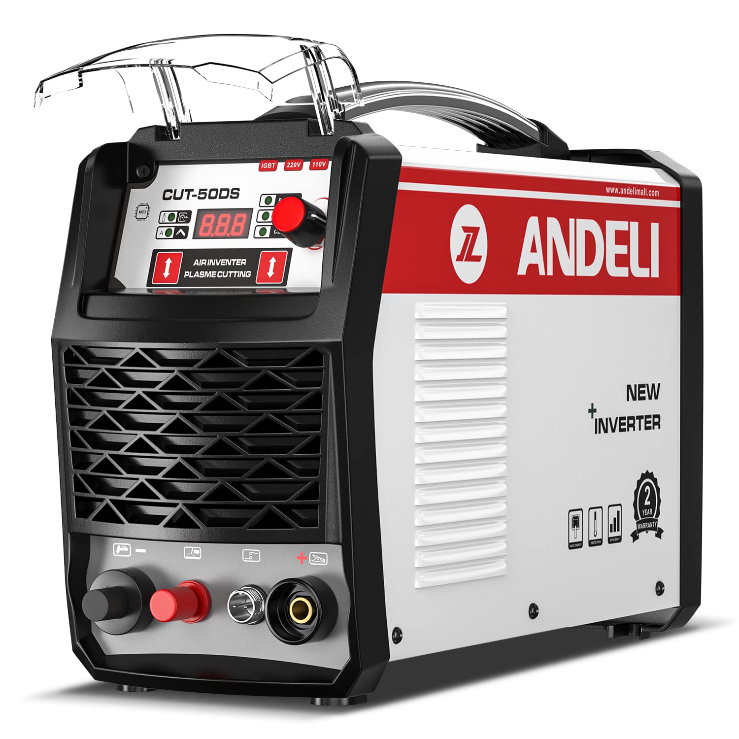 ANDELI Plasma Cutter, 50Amps Non-Touch Pilot Arc Air Plasma Cutter 1/2 Inch Clean Cut,with 110/220V Dual Voltage IGBT Inverter Plasma Cutting Machine CUT-50DS Red White